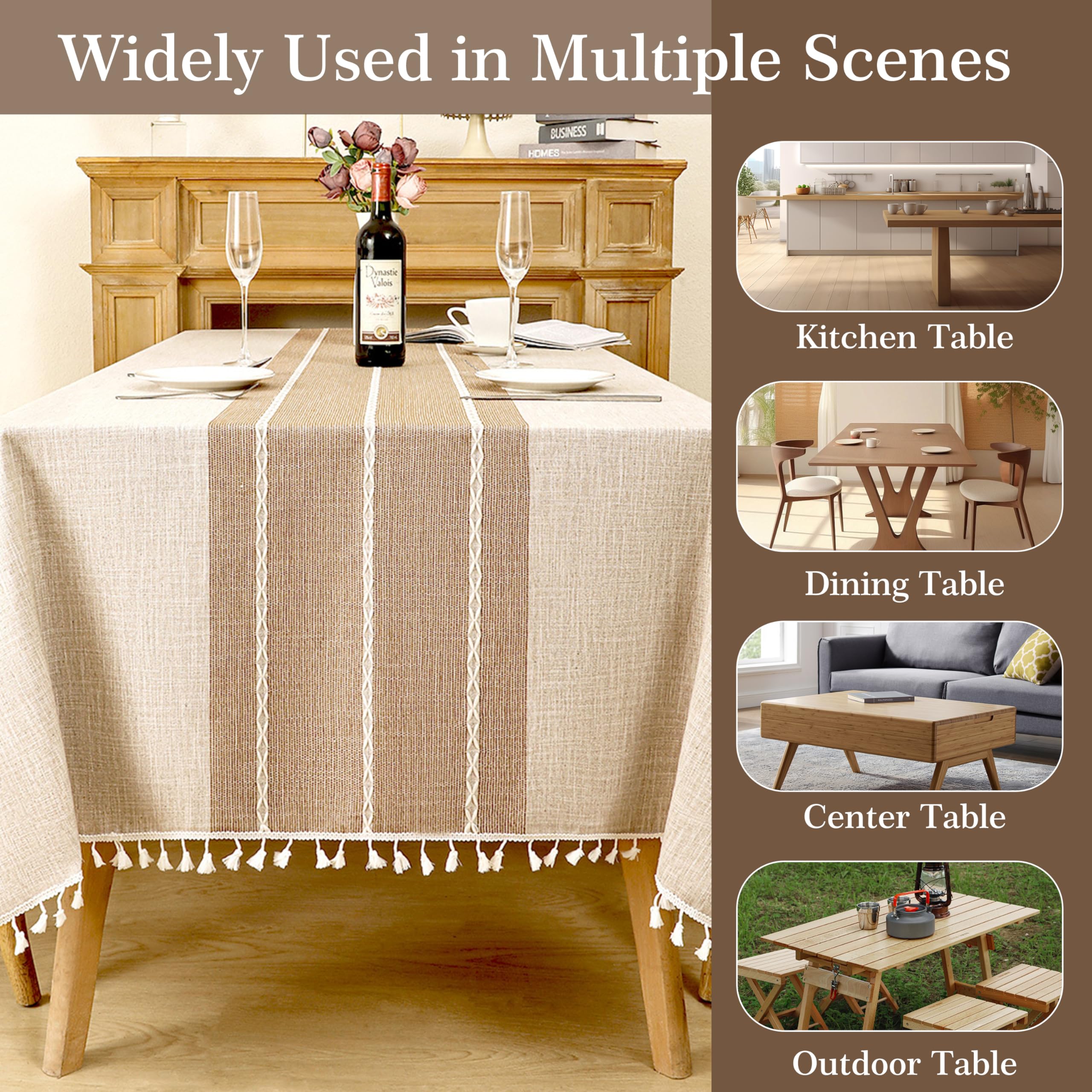 Tewene Tablecloth, Rectangle Table Cloth Cotton Linen Wrinkle Free Anti-Fading Tablecloths Embroidery Tassel Table Cover For Din