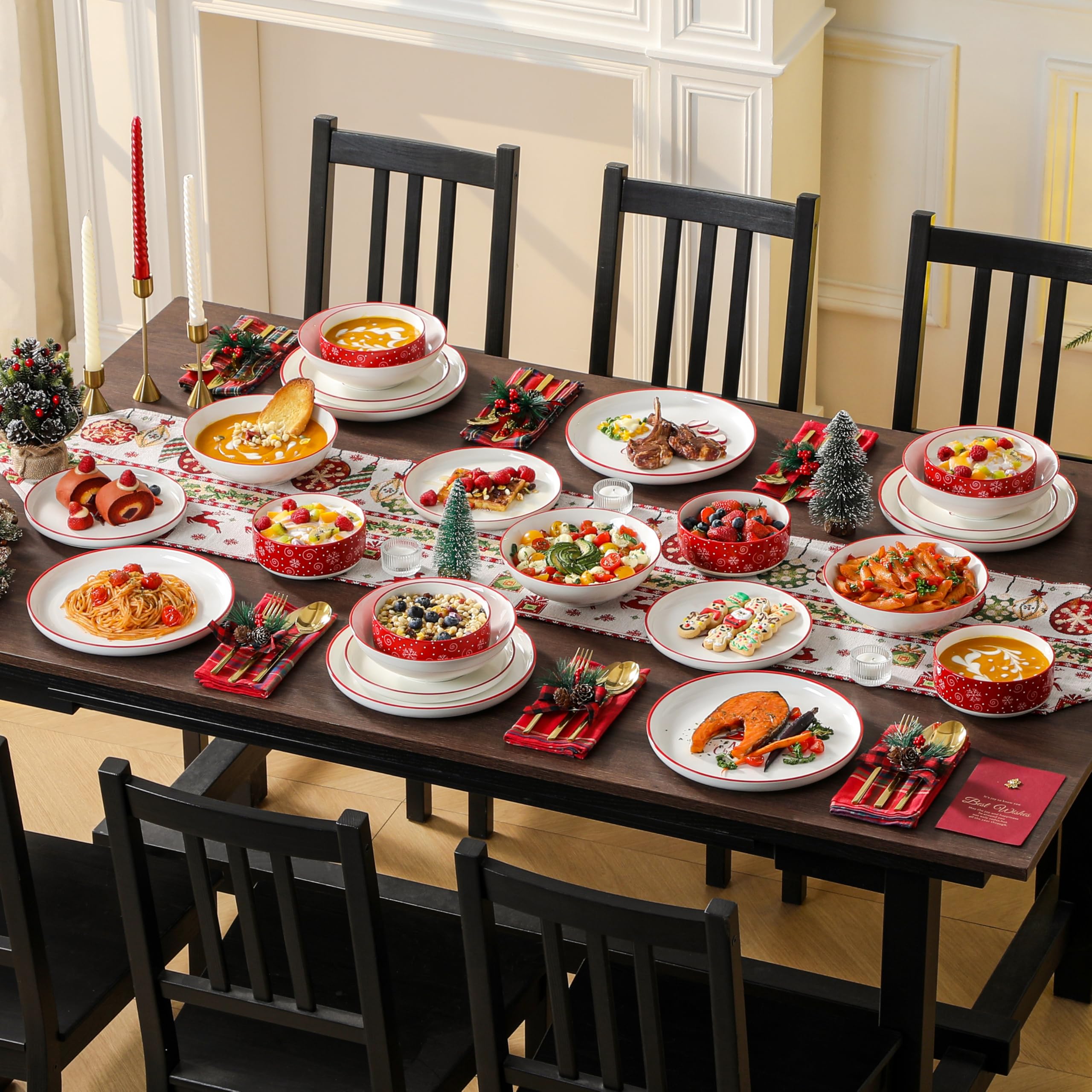 MALACASA Plates and Bowls Sets, 24 Pieces Christmas Porcelain Dinnerware Set for 8, Ceramic Dishware Dishes Kitchen Dining Ware