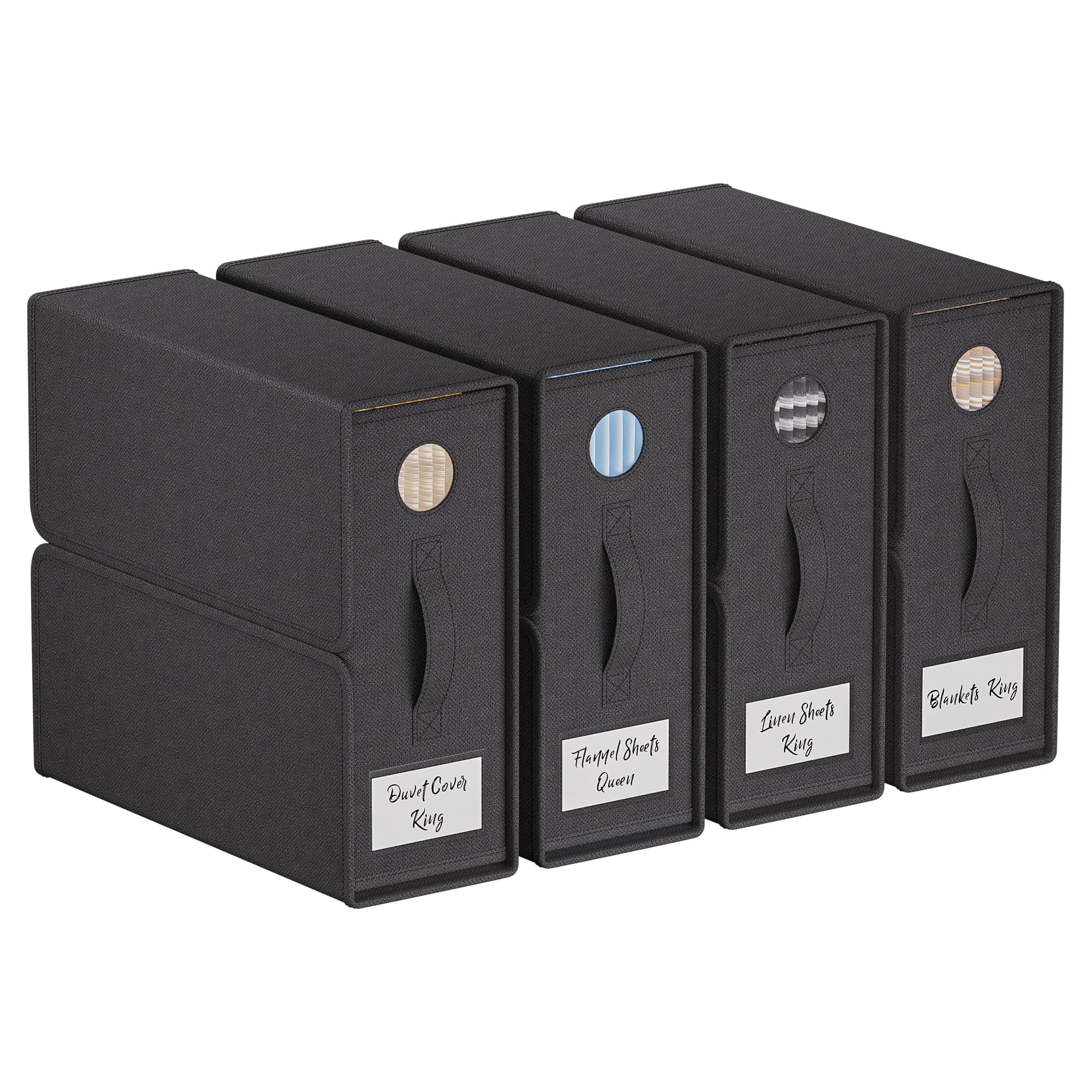 TRZZ Sheet Organizers and Storage, 4-Pack, Queen/King Size (Black), Foldable Sheet Set Organizer, Fabric Storage Bins for Bed Sh