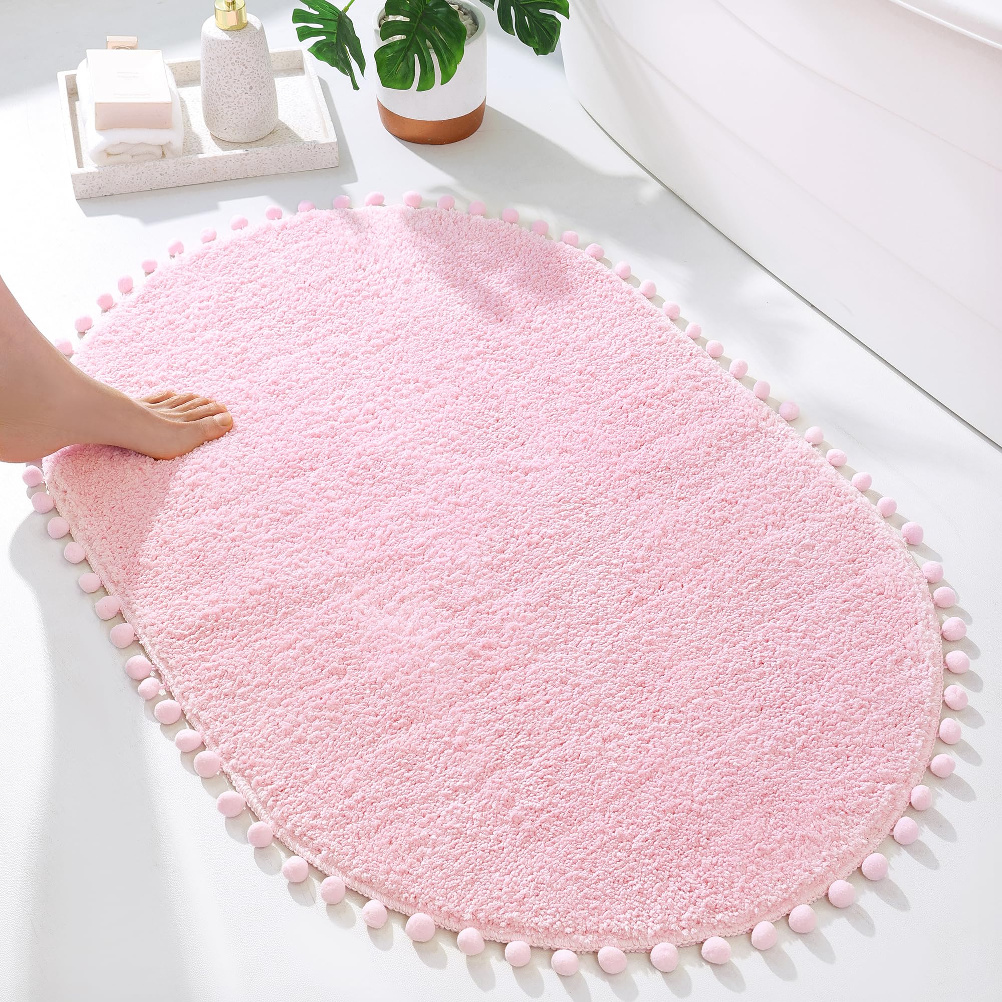 Yirddeo Bath Mat Pink Rug With Pom Oval Bathroom Rugs For Bedroom Non Slip Cute Boho Absorbent Mats Soft Plush Washable Rug (24X