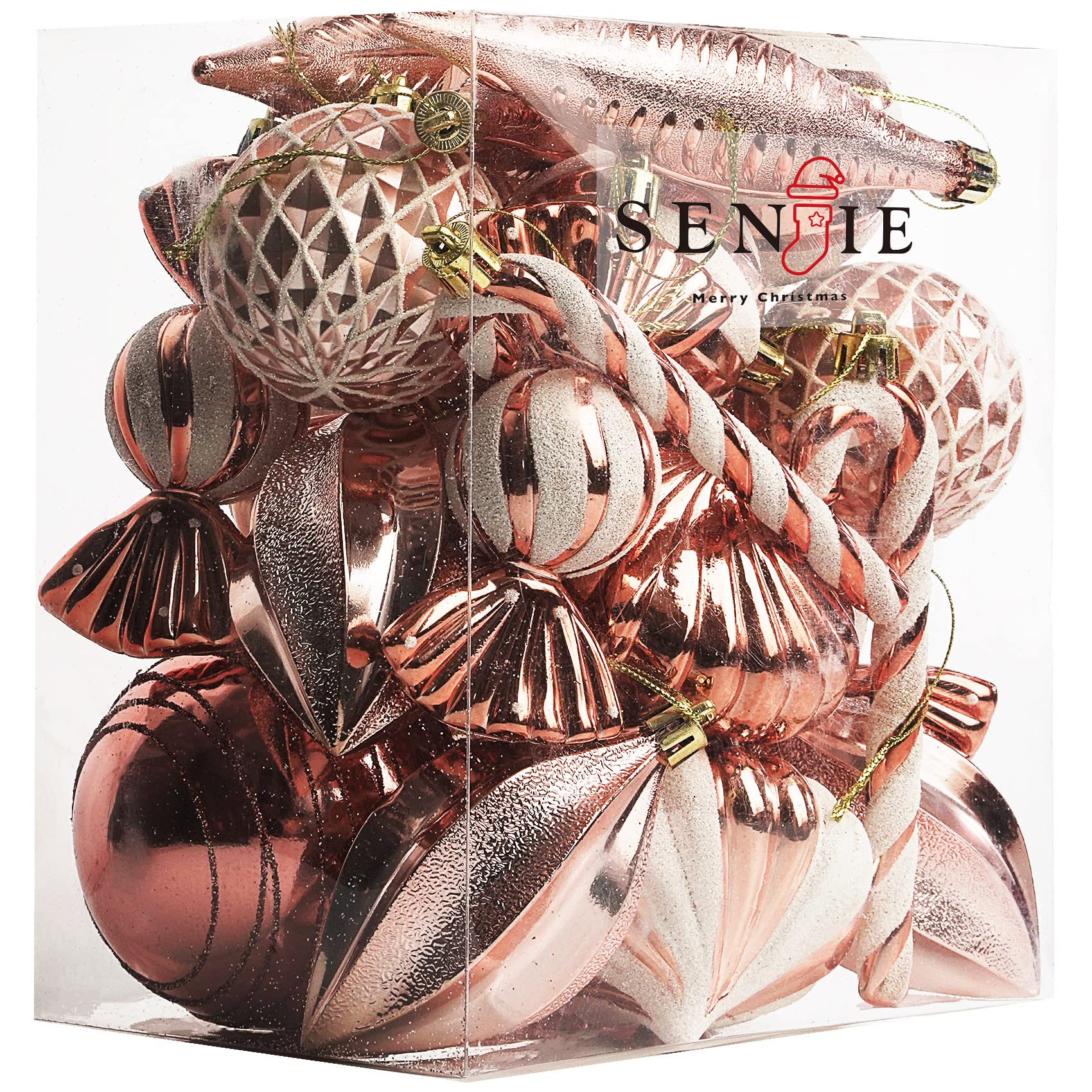 Christmas Ball Ornaments Shatterproof Plastic Tree Ornaments 24 PCS Shaped Styles Xmas Tree Holiday Decor,Rose Gold