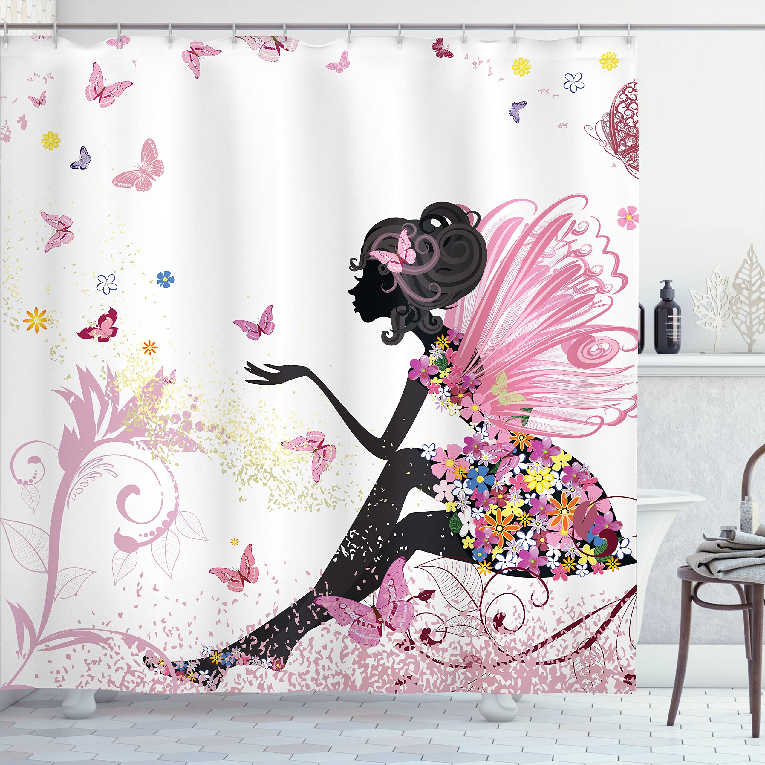 Ambesonne Fantasy Shower Curtain, Girl Silhouette In A Floral Dress Surreal Garden Flying Butterflies Print, Cloth Fabric Bathro