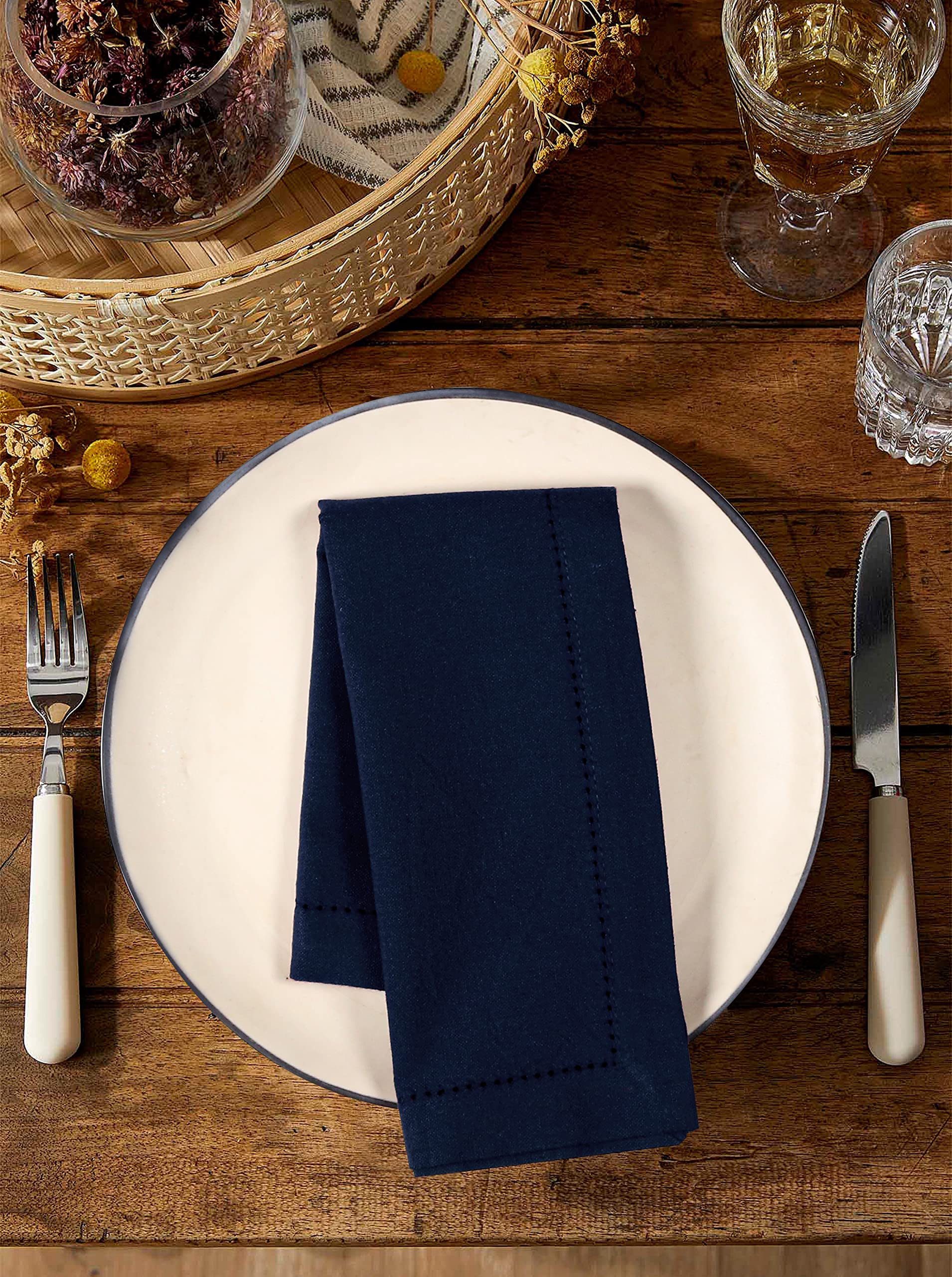 Palisa Cloth Dinner Napkins with Hemstitched Detailing & Mitered Corners Set of 12 (18x18 Inches) Navy - Cotton Reusable Dinner Napkins - Perfect for Weddings & Everyday Use