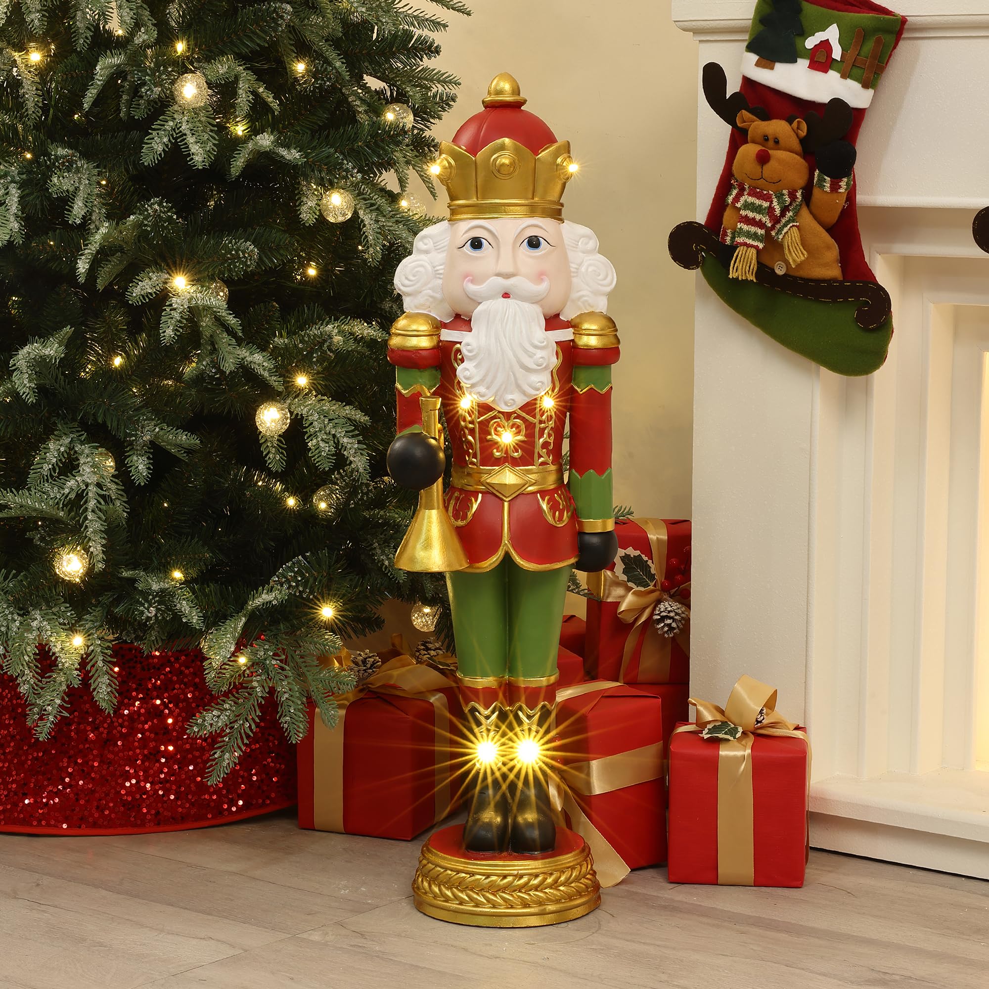 LuxenHome 3FT Tall Nutcracker Christmas Decoration, Colorful Lighted Holiday Nutcracker Soldier Statue with Trumpet, Christmas D