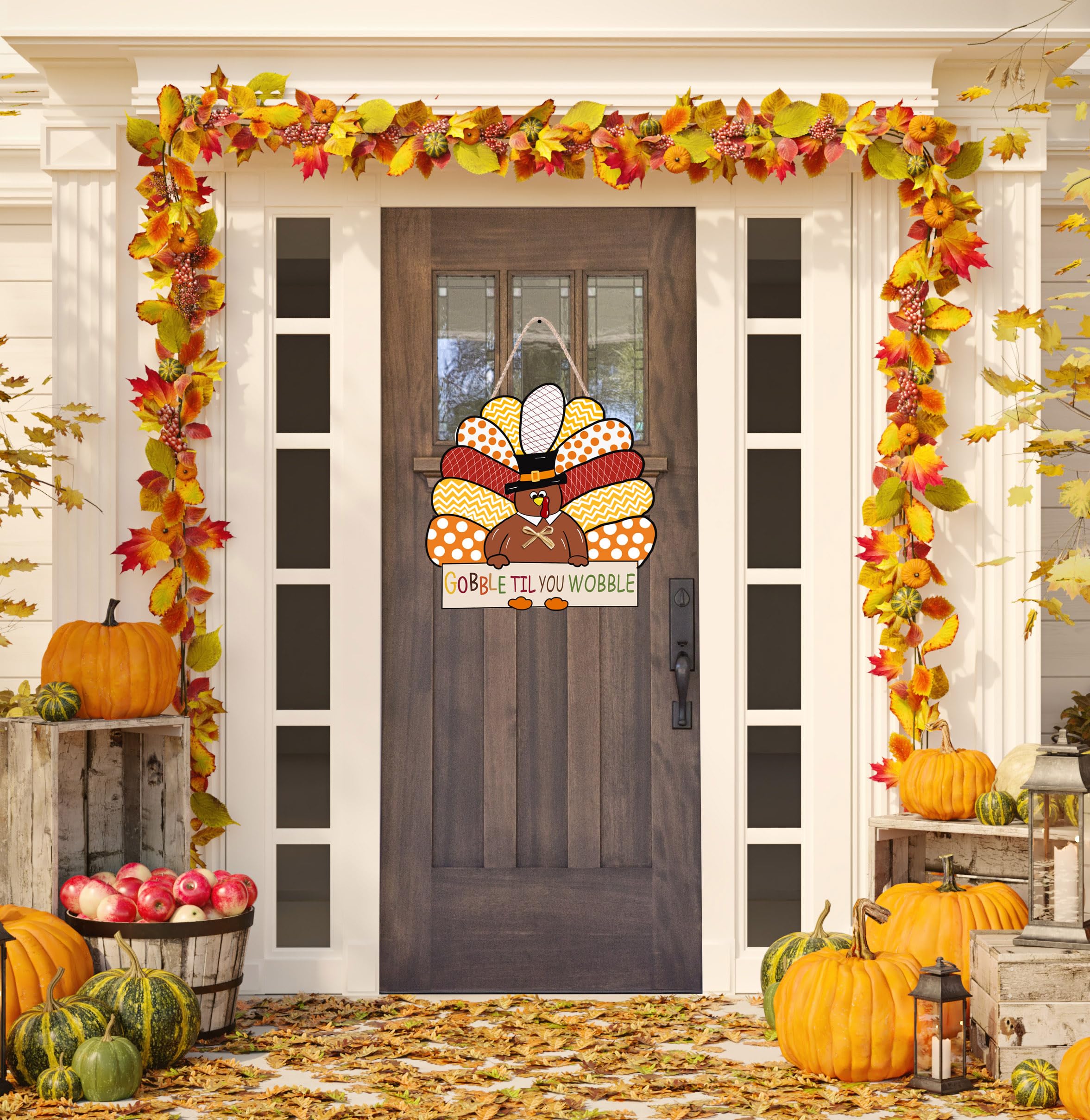 CYNOSA Thanksgiving Wreath for Front Door Turkey Door Hanger Gobble Sign Thanksgiving Turkey Outside Door Decorations