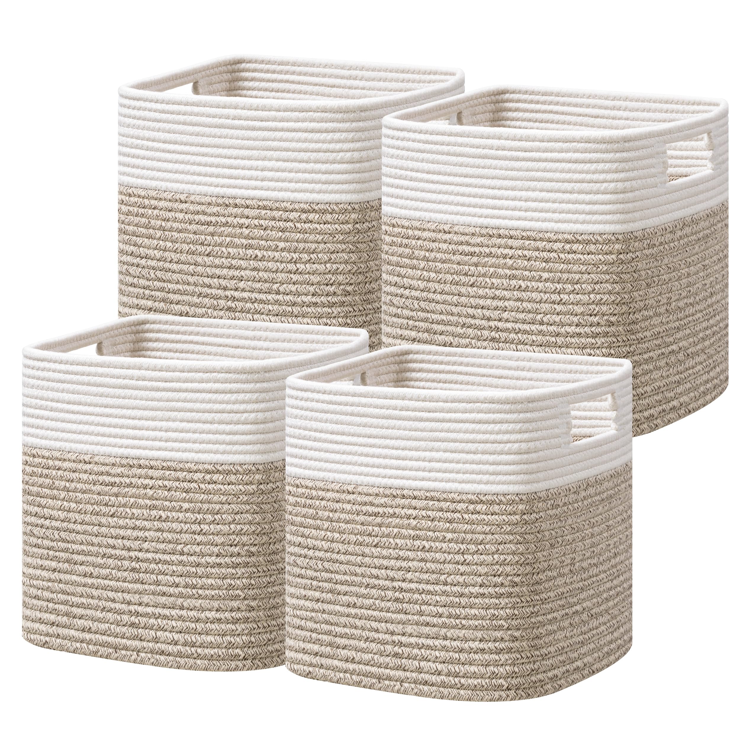 UBBCARE Set of 4 Storage Basket-11 X 10.5 X 10.5 In  Cotton Rope Basket for Shelves  Toys  Book  Cube Storage Bins with Handles  Woven Storage Basket for Organizing  White/Brown