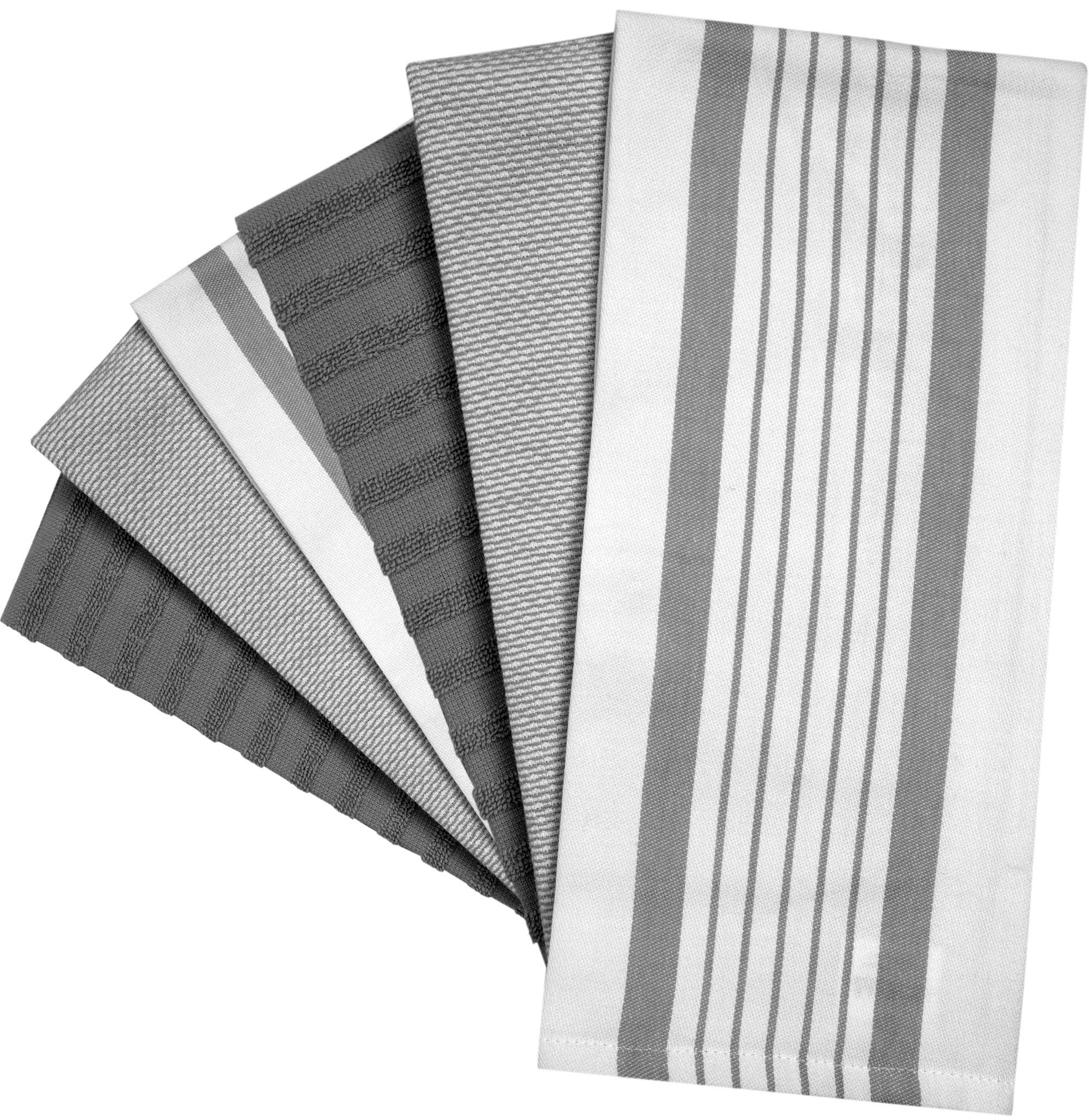 Premium Kitchen Towels (20?x 28?  6 Pack) - Large Cotton Kitchen Hand Towels - Striped Flat & Terry Towel - Highly Absorbent Tea Towels Set with Hanging Loop - Grey