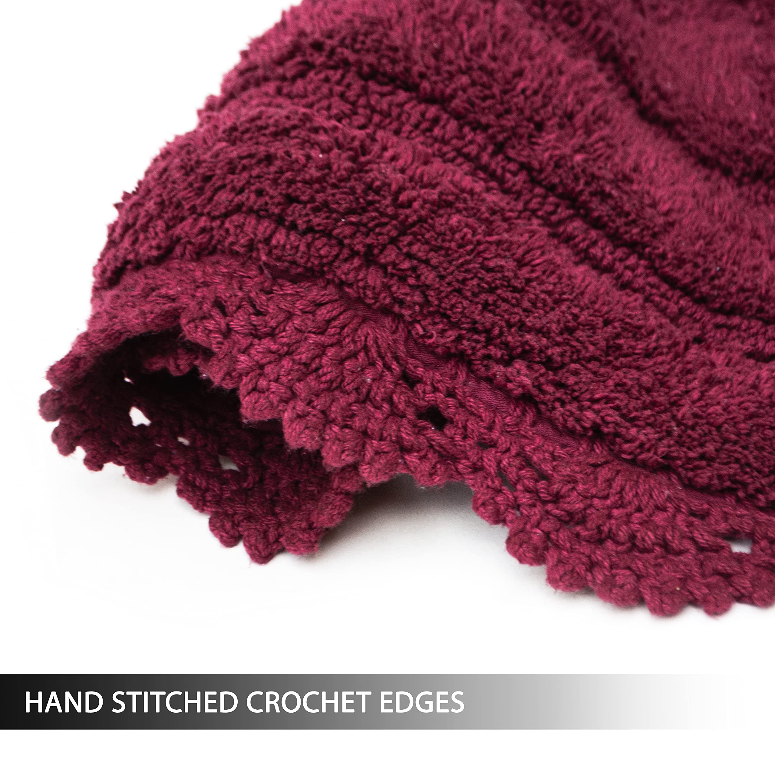 Chardin Home Burgundy Crochet Bathrug, 100% Cotton Oval Bathmat With Artisanally Handcrafted Crochet Border, 21X34 Inch, Medium
