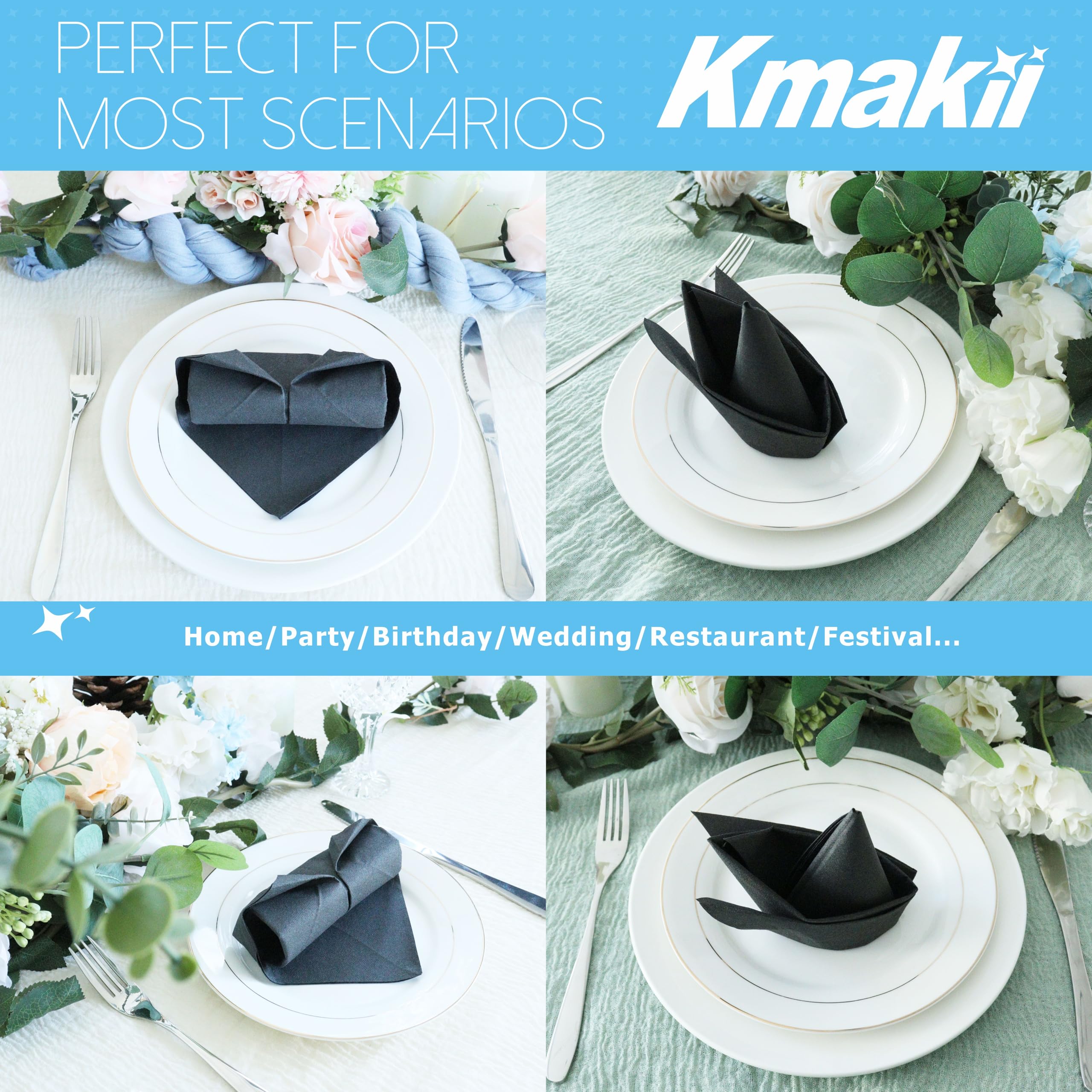 KMAKII Black Disposable Dinner Napkins Linen-Feel Colored Paper Napkins Premium Cloth Like Napkins Ideal For Restaurant  Events  Weddings&Party 50 Pack 16 x 16 inches