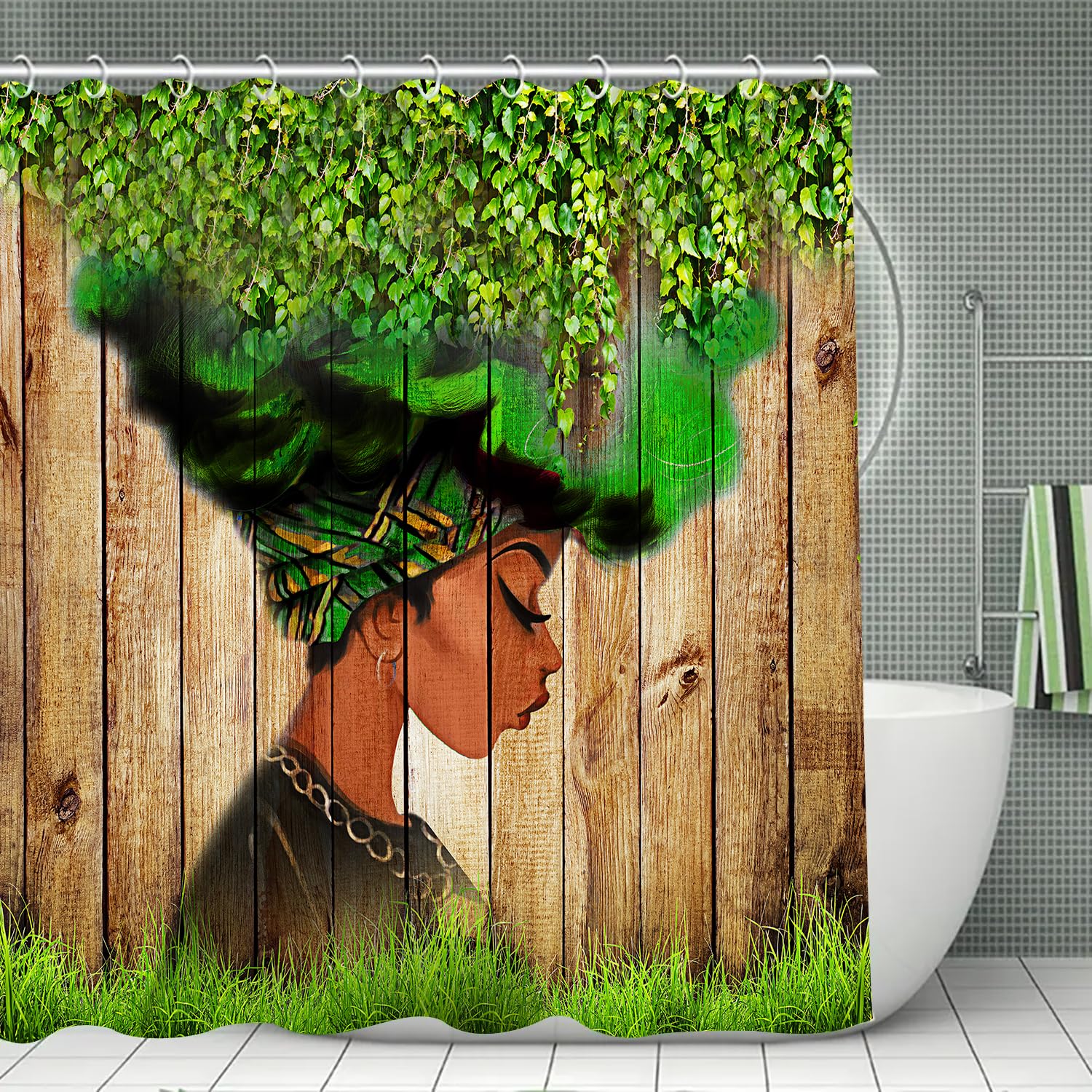 African Woman Shower Curtain Afro Black Art Green Leaves Women Watercolor Design Bathroom Accessories Waterproof,Machine Washabl