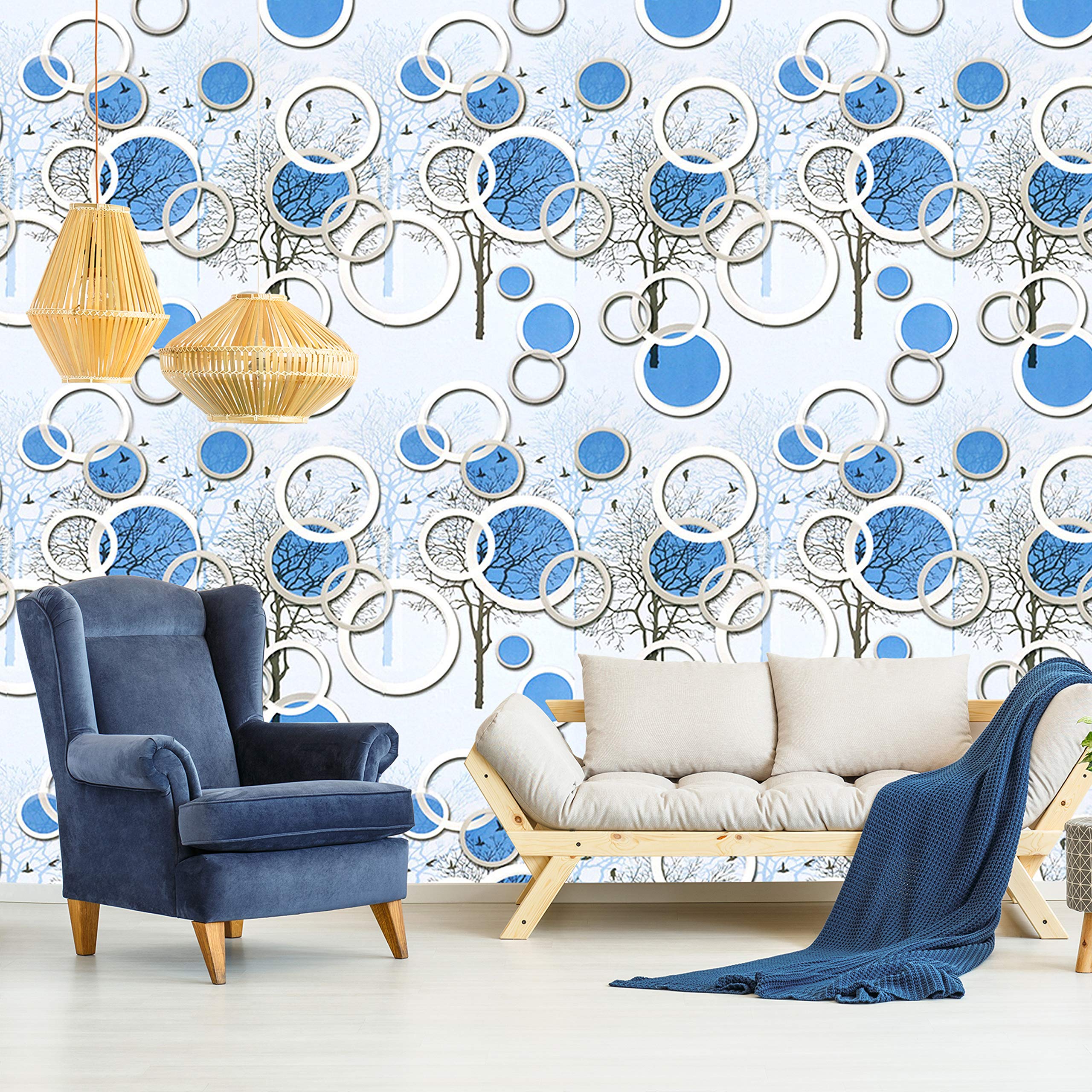 wolpin Wall Stickers Wallpaper for Living Room 3D Circles & Trees (45 cm x 10 m) Self Adhesive DIY Home Interior Decor, Blue