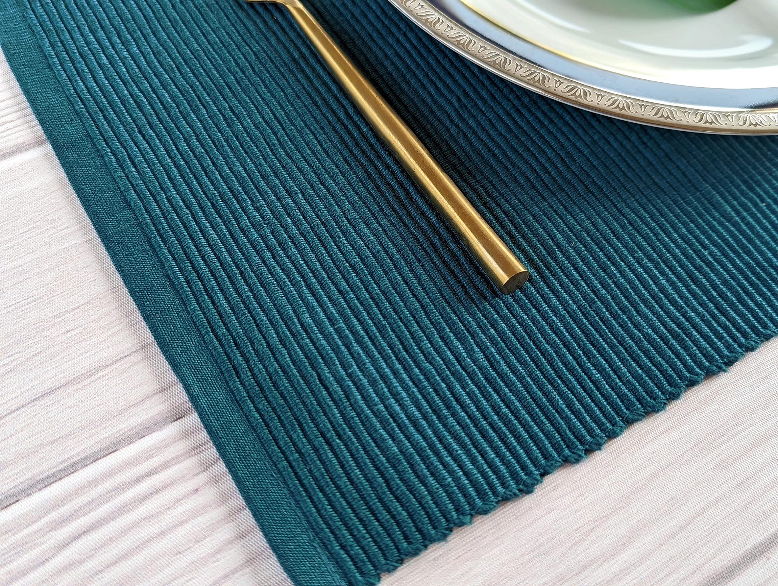 Avka Studio 100% Cotton Ribbed Placemats - Set Of 4-13 X 19 Inches - Dark Teal - Everyday Cloth Table Mats - Thick Construction,