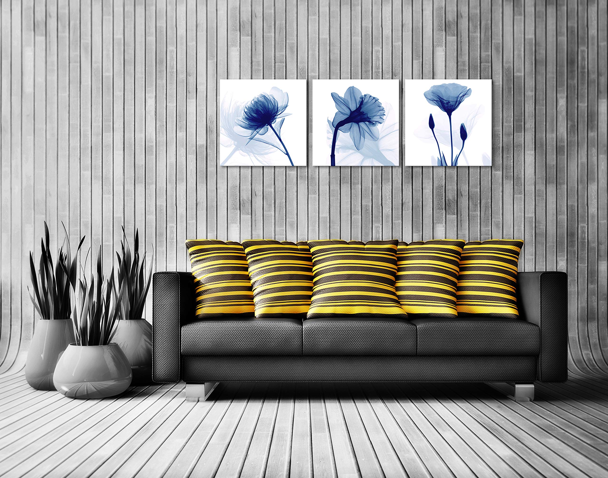 Wieco Art Blue Abstract Flowers 3 Panels Canvas Prints Wall Art Modern Pictures Artwork For Living Room Bedroom And Home Decorat