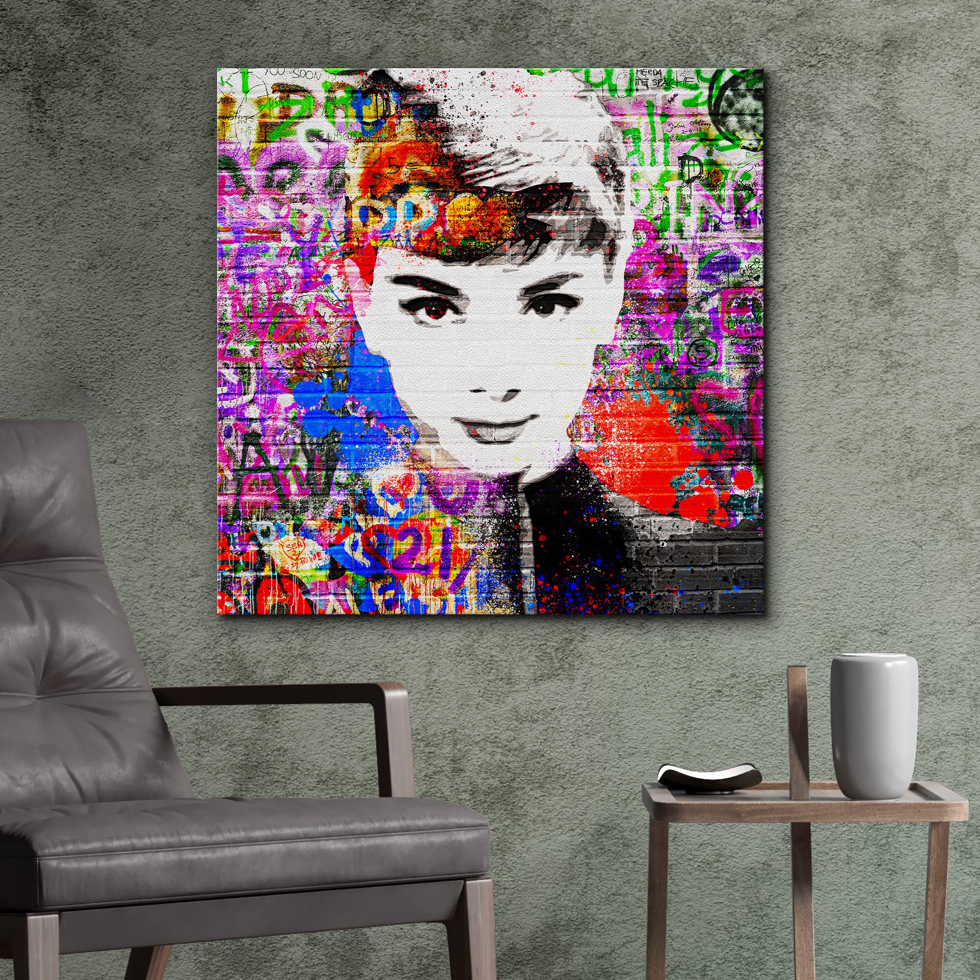 Nwt Canvas Print Wall Art Brick Spray Paint Audrey Hepburn Portrait Graffiti & Street Art Abstract Illustrations Modern Art Deco