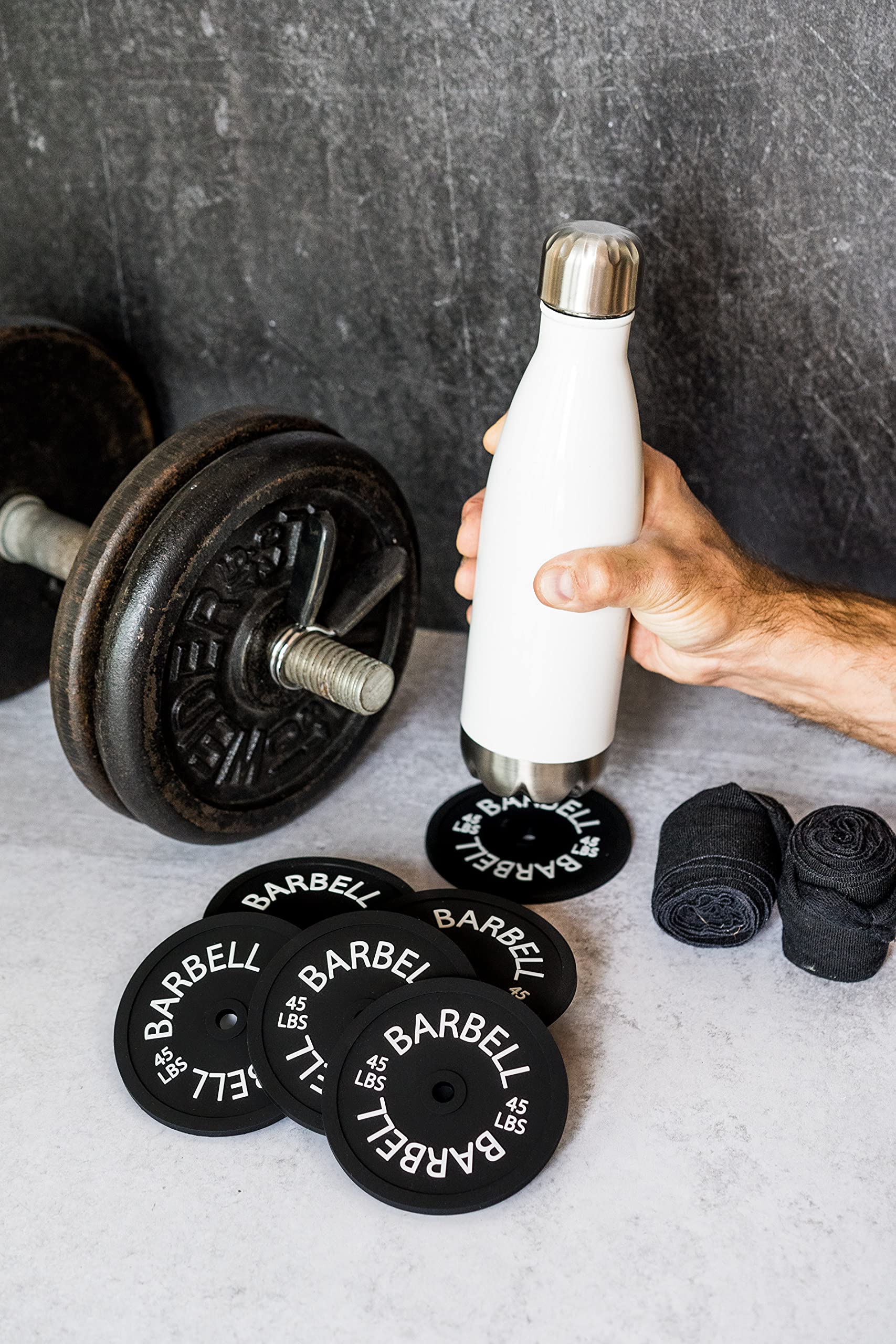 6 Set Barbell Bumper Plate Drink Coasters, Round Black Silicone Coasters, Coasters For Coffee Table, Coasters For Drinks, Absorb