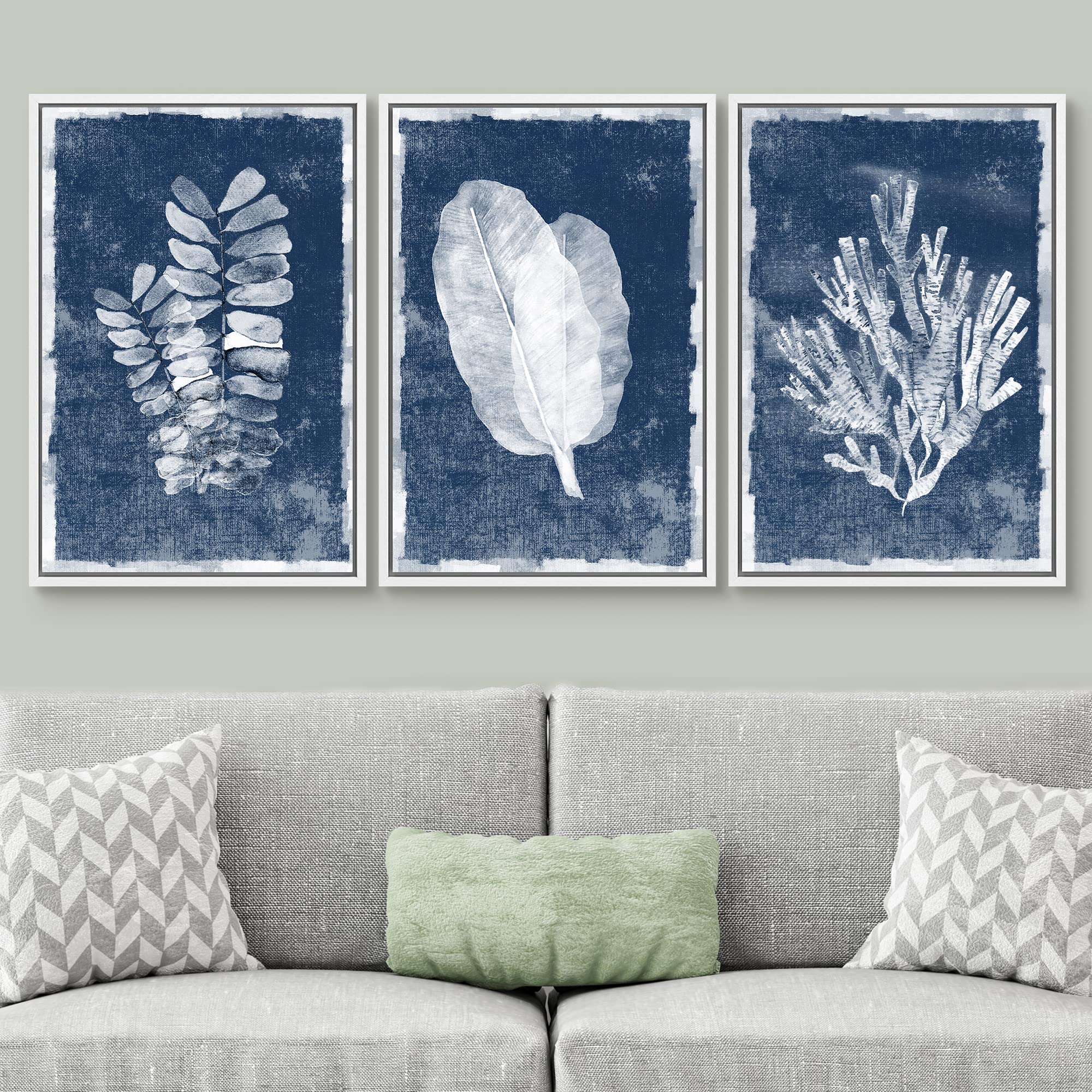 Signwin Framed Canvas Print Wall Art Set Blue White Forest, Jungle, Ocean Plants Nature Wilderness Wood Panels Modern Art Rustic
