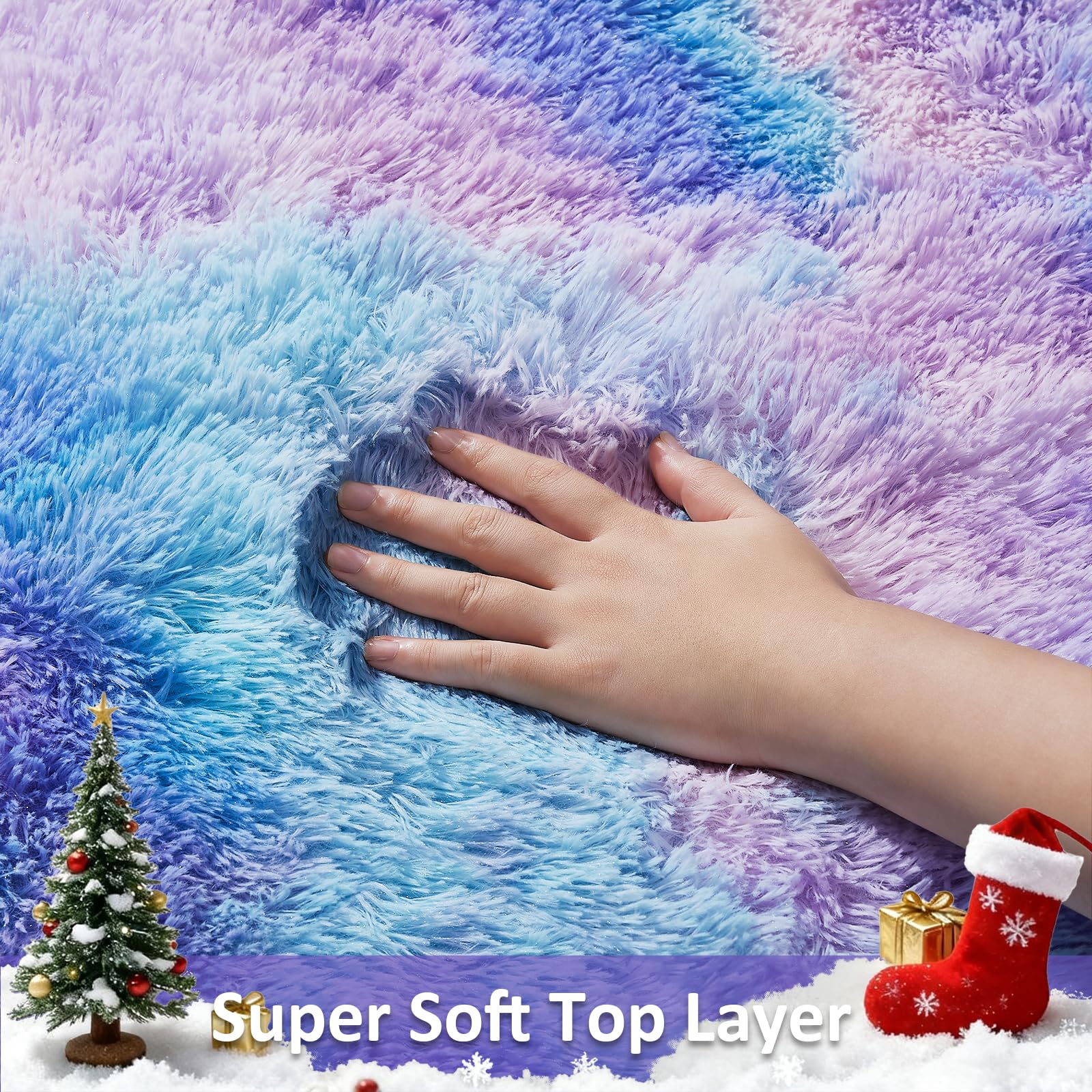 Ophanie Rainbow Purple Mermaid Rugs for Living Room 5x8, Kids Fluffy Shag Fuzzy Plush Soft Carpets, Floor Shaggy Area Rugs for B