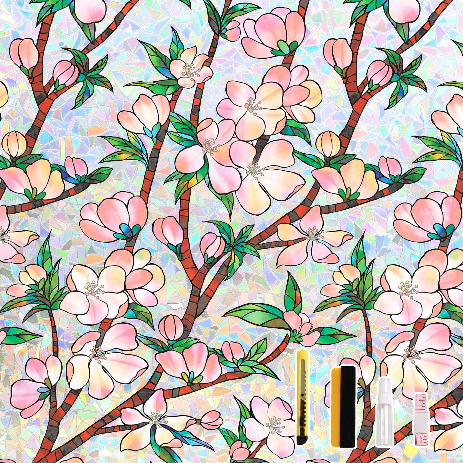 NINETREX Window Privacy Film, Stained Glass Window Film Cling, Pink Blossom Rainbow Vinyl Static Stickers, Blocks Heat & UV Non-