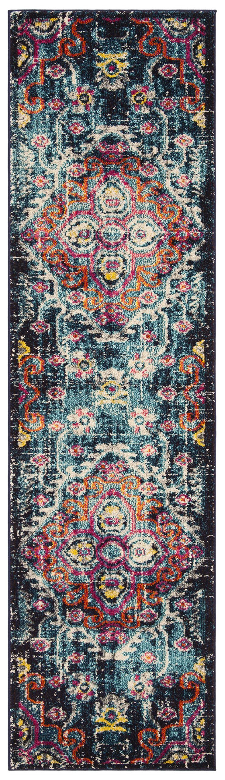 SAFAVIEH Monaco Collection Runner Rug - 22 x 12, Blue & Fuchsia, Boho Chic Medallion Distressed Design, Non-Shedding & Easy Ca