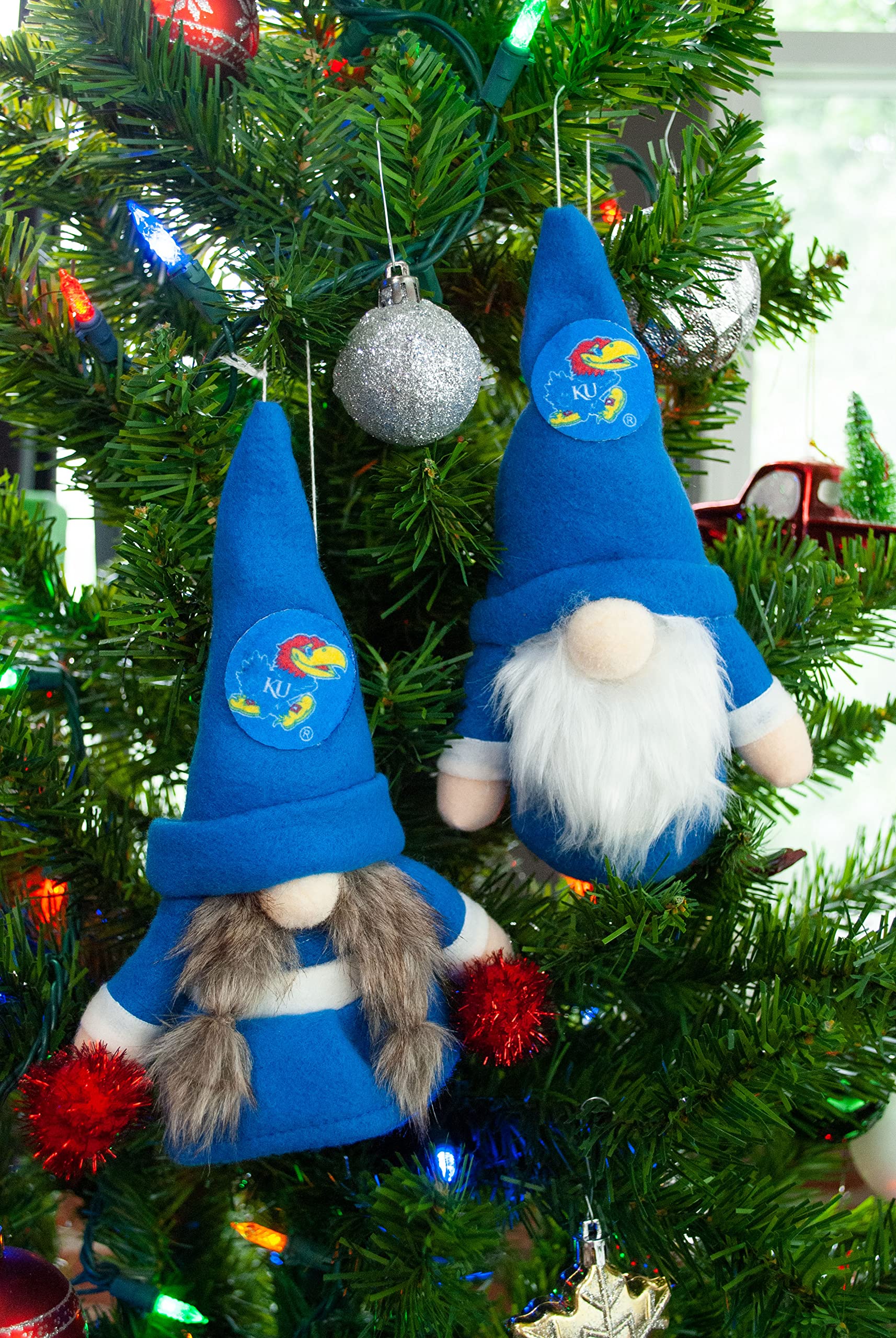 University of Kansas Jayhawks Set of 2 Plush Gnome Christmas Tree Ornaments by Hannas Handiworks - Fan/Cheerleader Holiday/Dorm