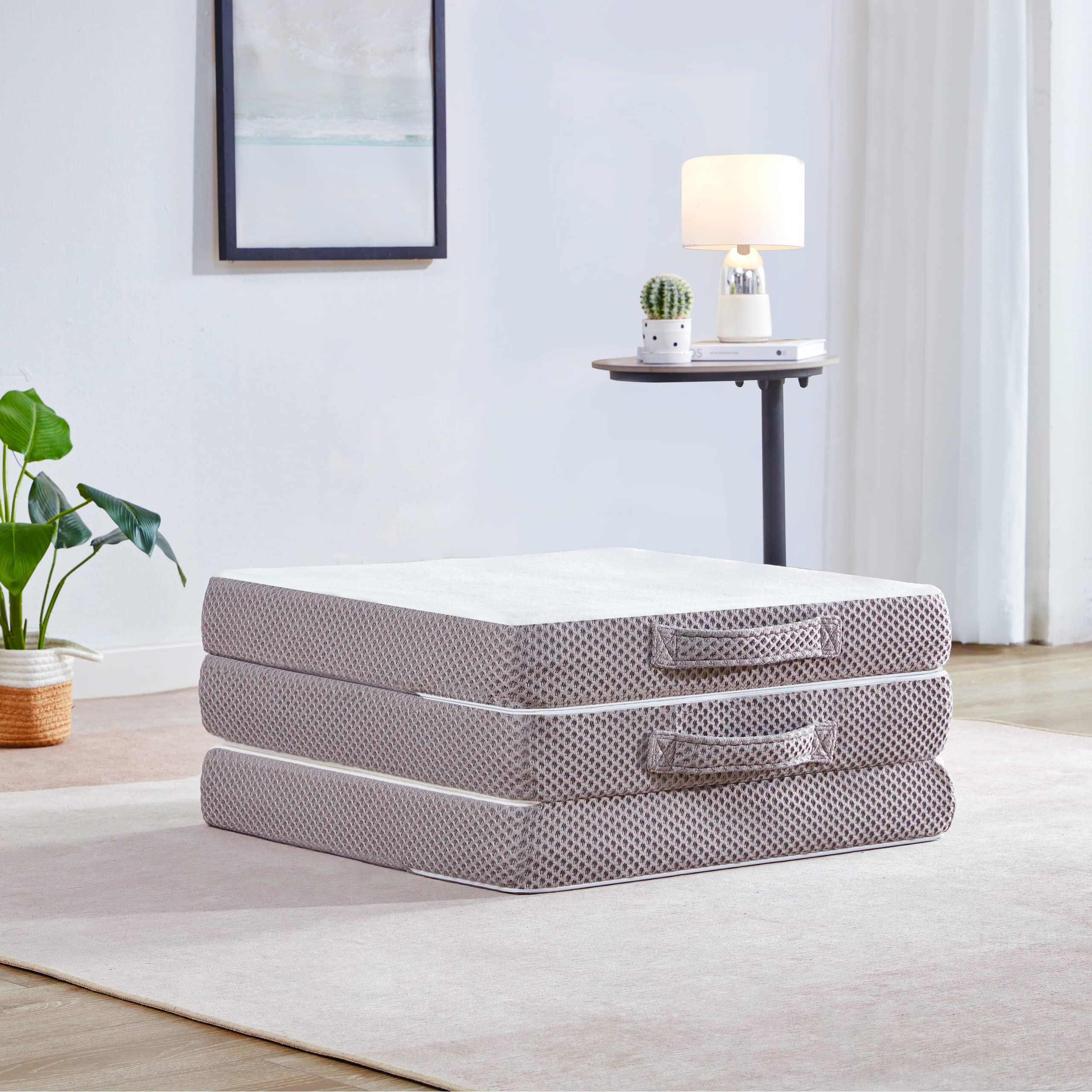 Kingfun Memory Foam Folding Mattress, 4 Inch Gel-Infused Foldable Floor Mattress, Breathable Tri-Fold Mattress Topper With Cover