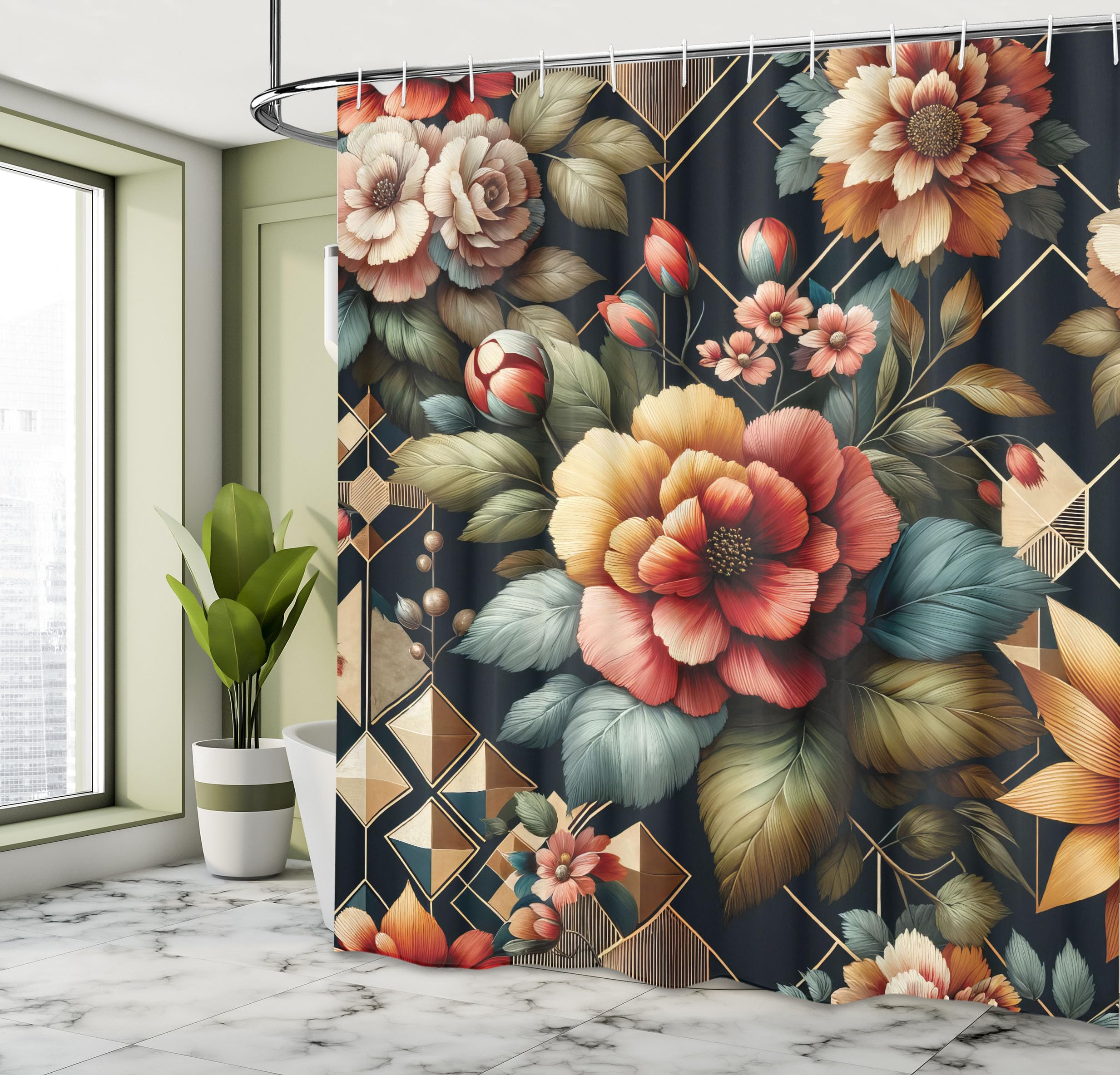Ambesonne Floral Shower Curtain, Leafy Atmosphere Garden Scene With Blooming Roses And Futurist Lines, Cloth Fabric Bathroom Dec