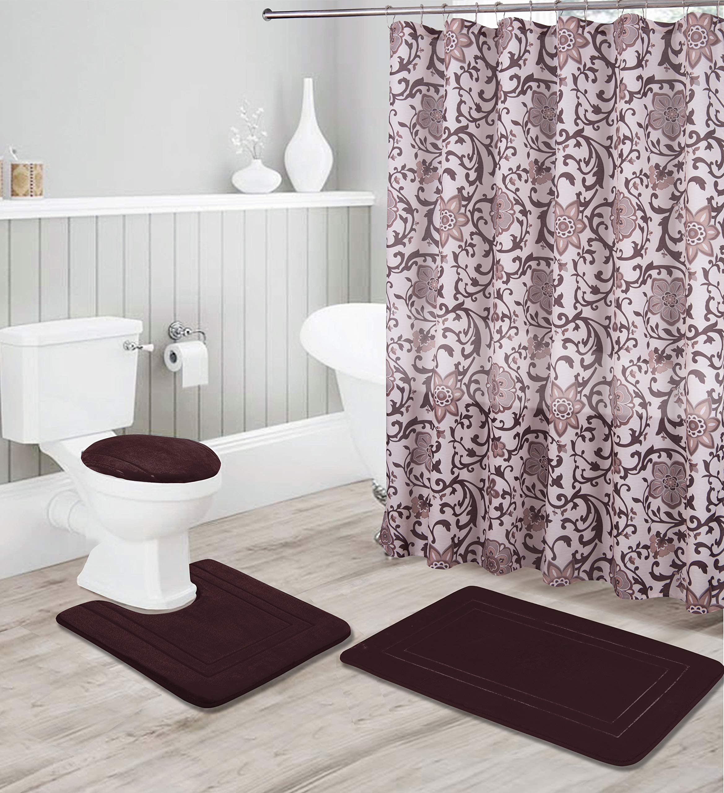 Bathroom Collection Coffee/Brown 16Pc Bathroom Accessory Set - Non-Slip Bath Mat, Non-Slip Contour Mat, Toilet Lid Cover And Wat