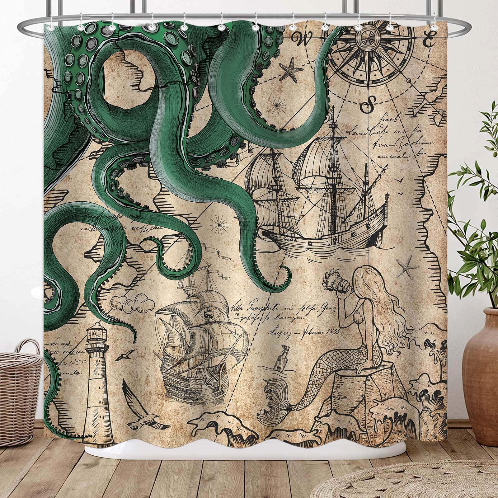 Fungarth Vintage Green Nautical Octopus Shower Curtain Mermaid Funny Ocean Kraken Shower Curtains For Bathroom Cool Anchor Coast