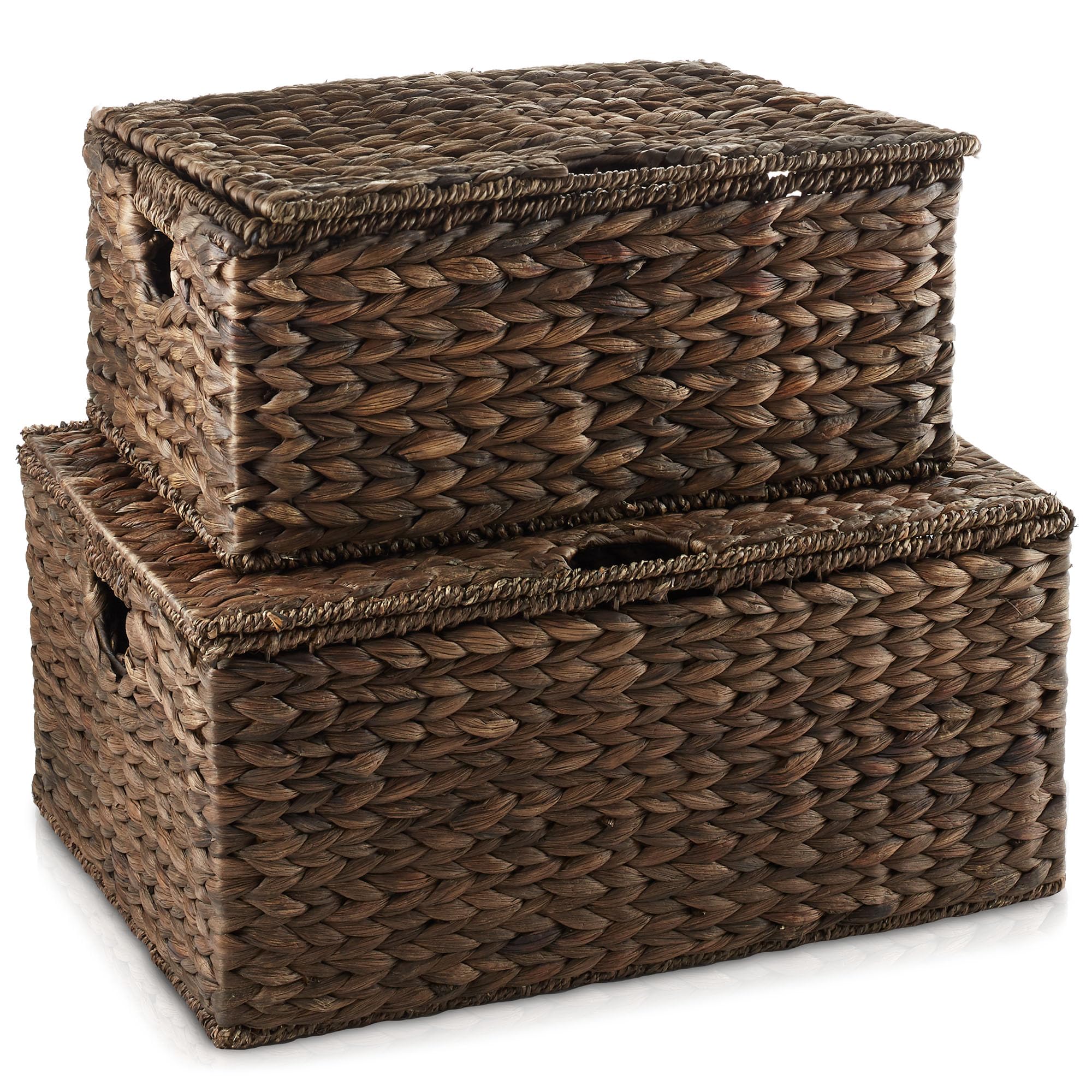 Casafield Set Of 2 Water Hyacinth Rectangular Storage Baskets With Lids (Medium/Large), Multipurpose Decorative Shelf Organizati