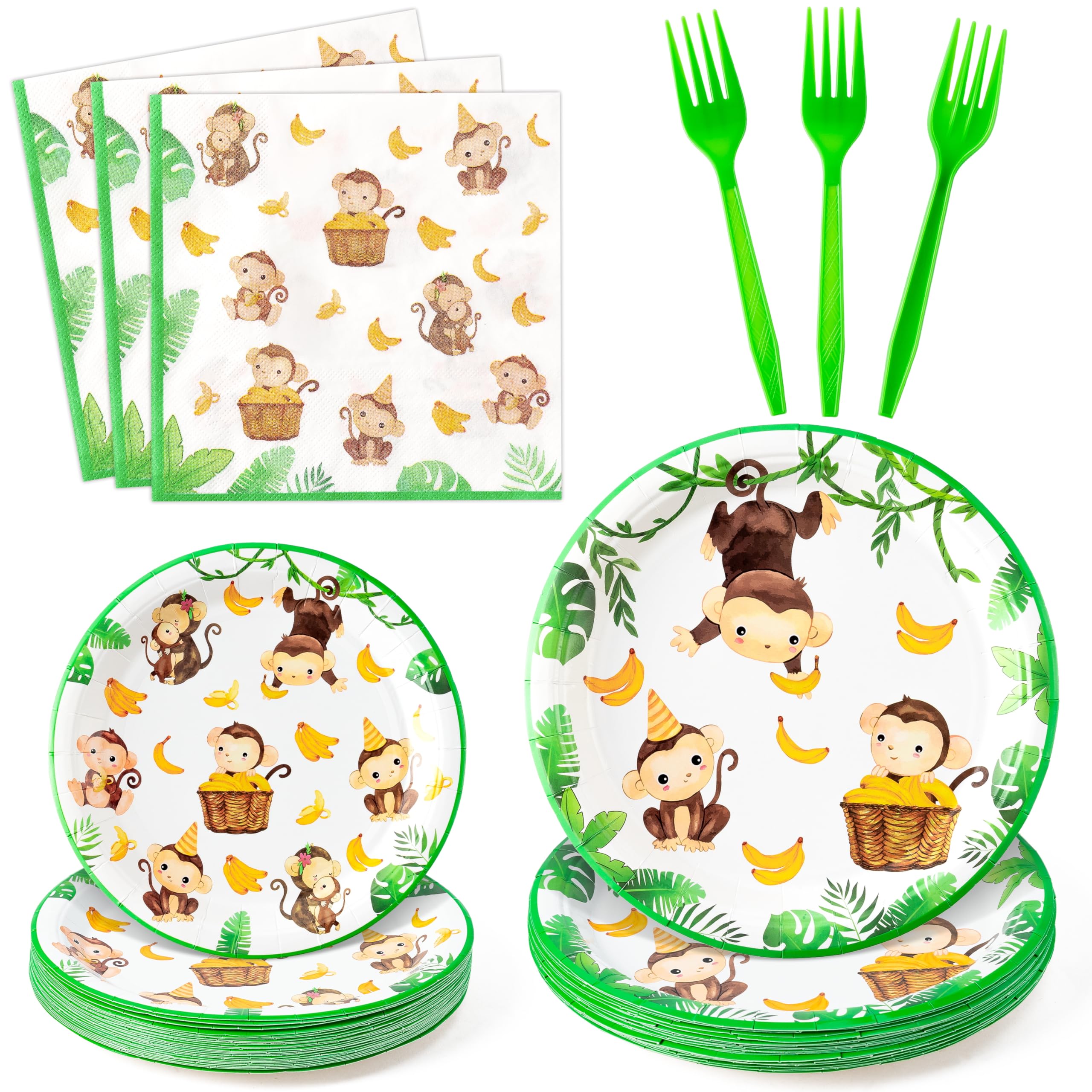 K1tpde 96PCS Watercolor Monkey Party Tableware Set Included Paper Plates Napkins and Forks, Wild Jungle Animal Monkey Theme Birt