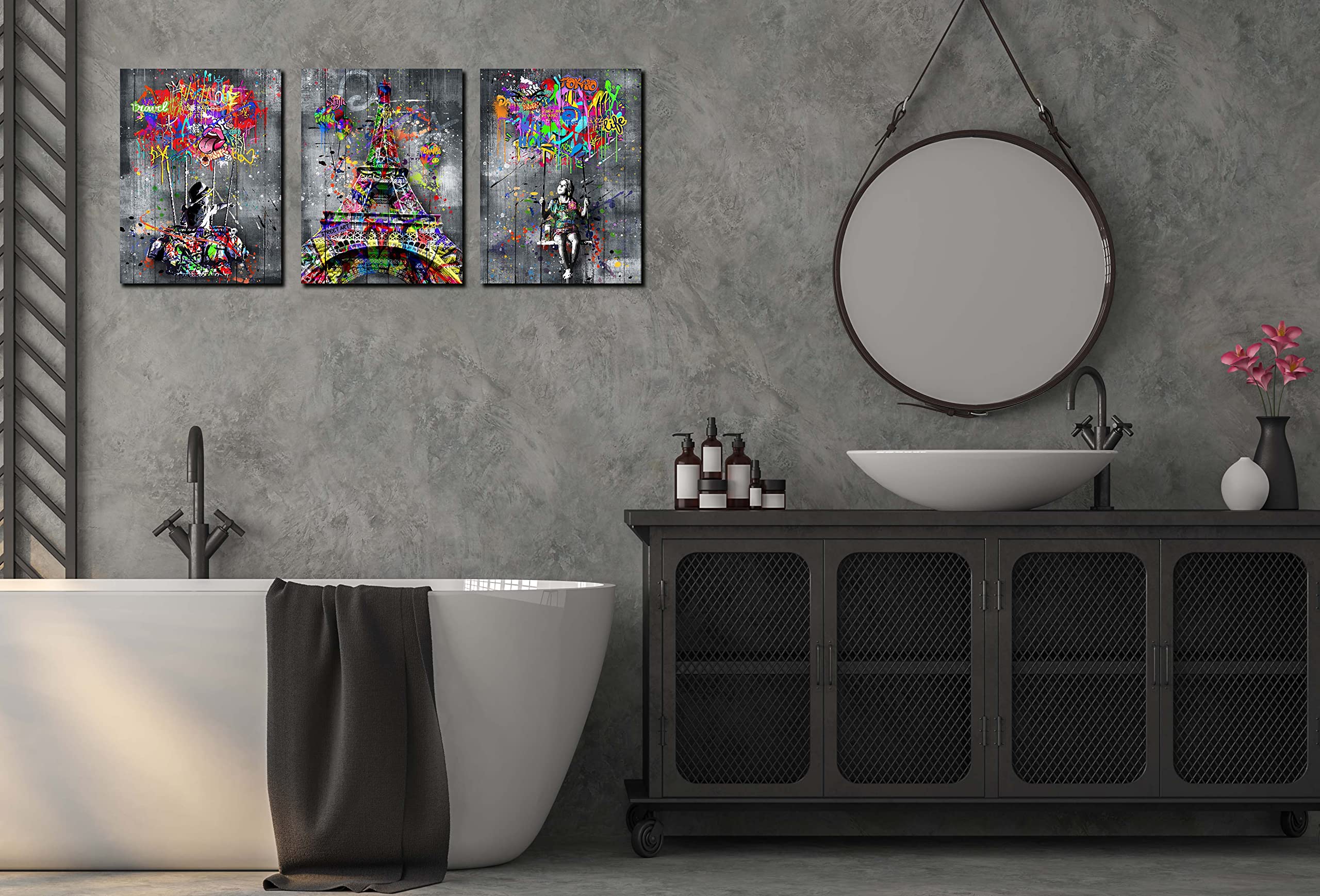 Sixttart Banksy Canvas Wall-Art 3 Piece Graffiti Art Wall Decor Paris Eiffel Tower Wall Decor For Bedroom Ready To Hang Size 16'