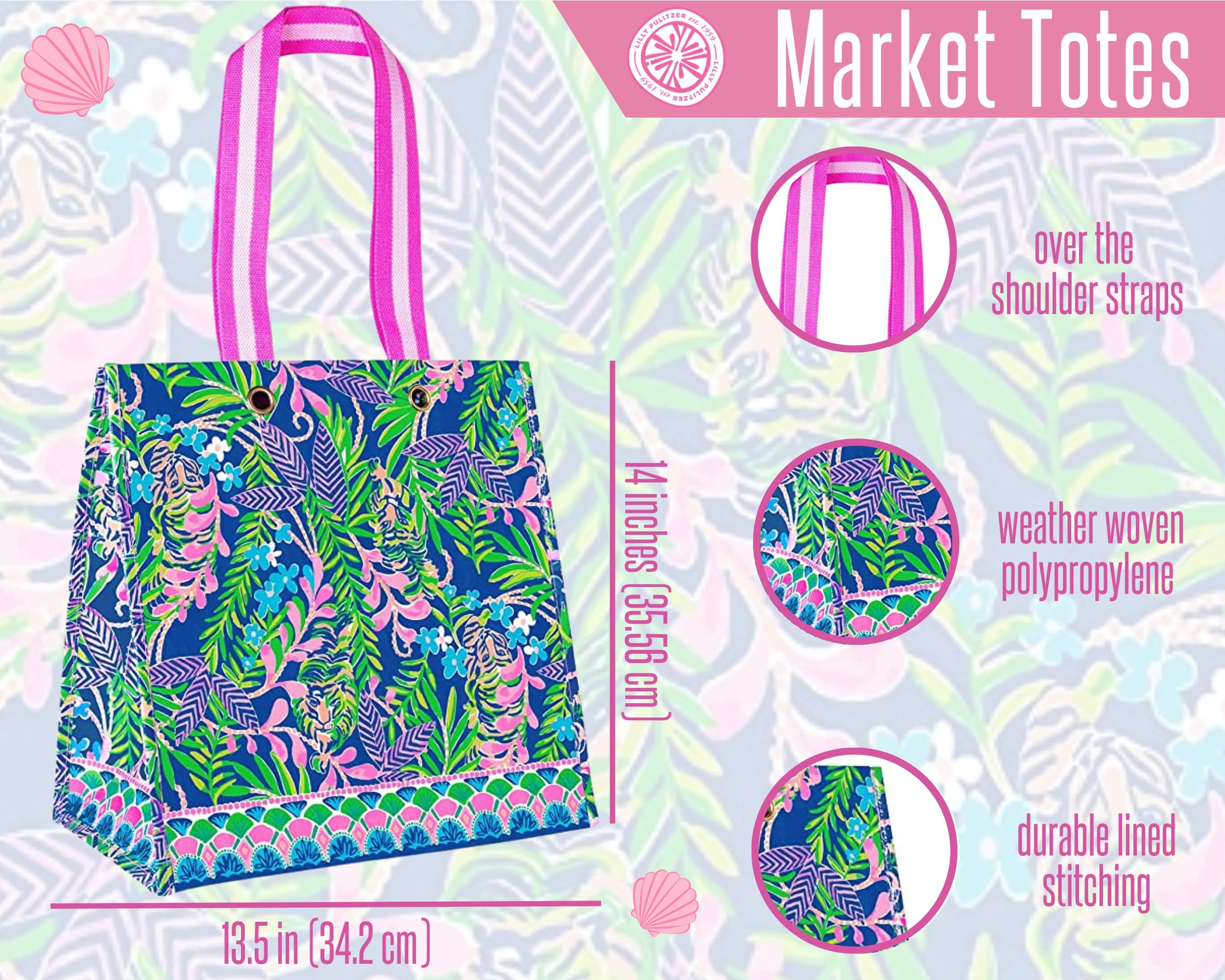 Lilly Pulitzer Market Shopper Bag, Reusable Grocery Tote, Shoulder Bag For Produce Or Travel, How You Like Me Prowl