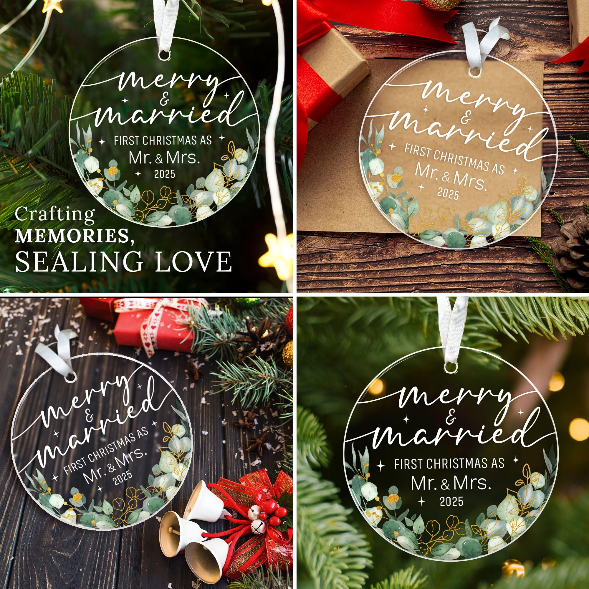 HEXMOZ First Christmas Married Ornament 2025 - Wedding Gifts for Couples 2025 - Just Married, Mr and Mrs Gifts for Newlyweds - B