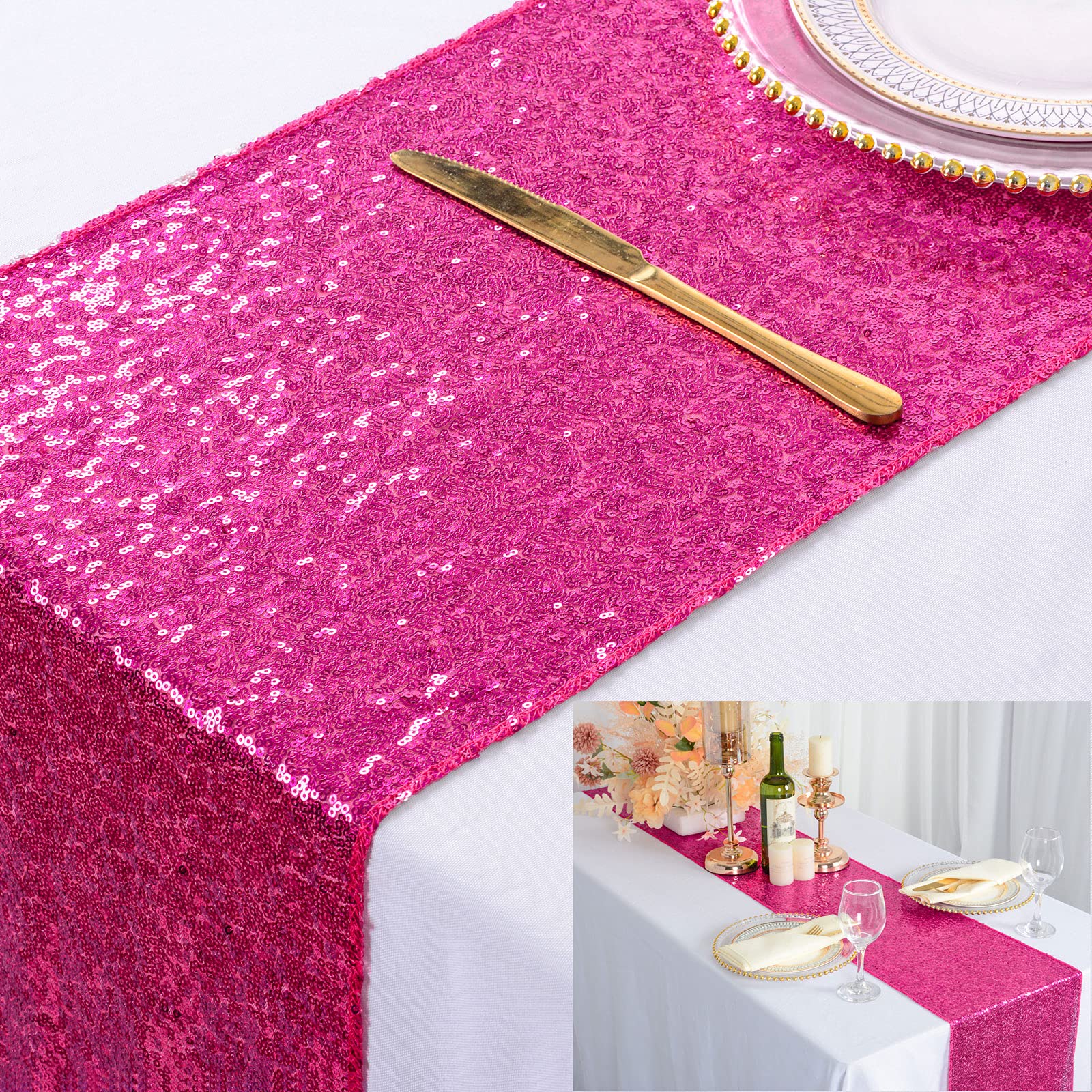 Shinybeauty Hot Pink Sequin Table Runner-12 By 72-Inch,Custom Handmake Elegant Wedding Event Table Runner(12X72, Hotpink)
