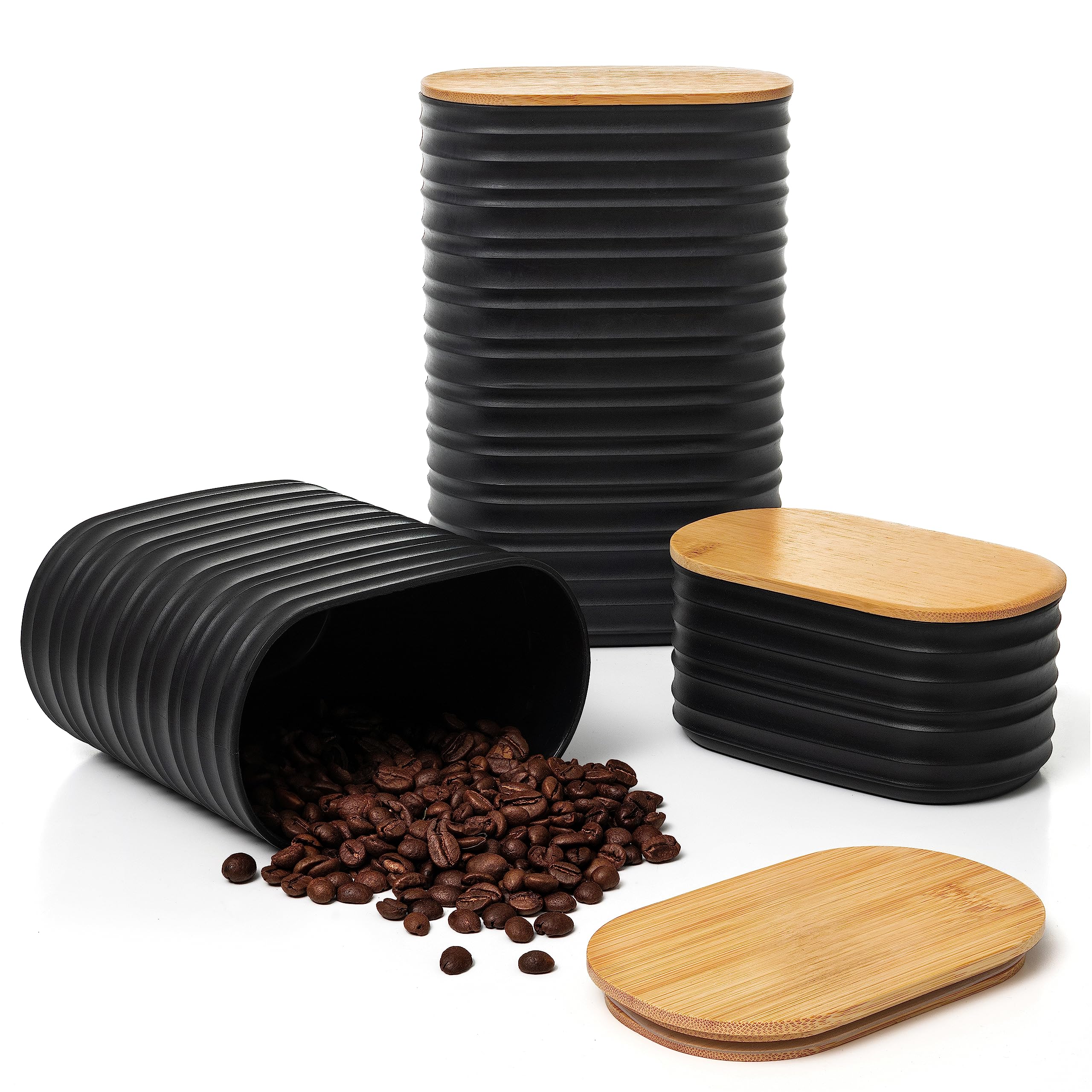Mixpresso 3 Piece Black Canisters Sets For The Kitchen, Airtight Plastic Canister With Bamboo Lid, Coffee And Sugar Canister Set
