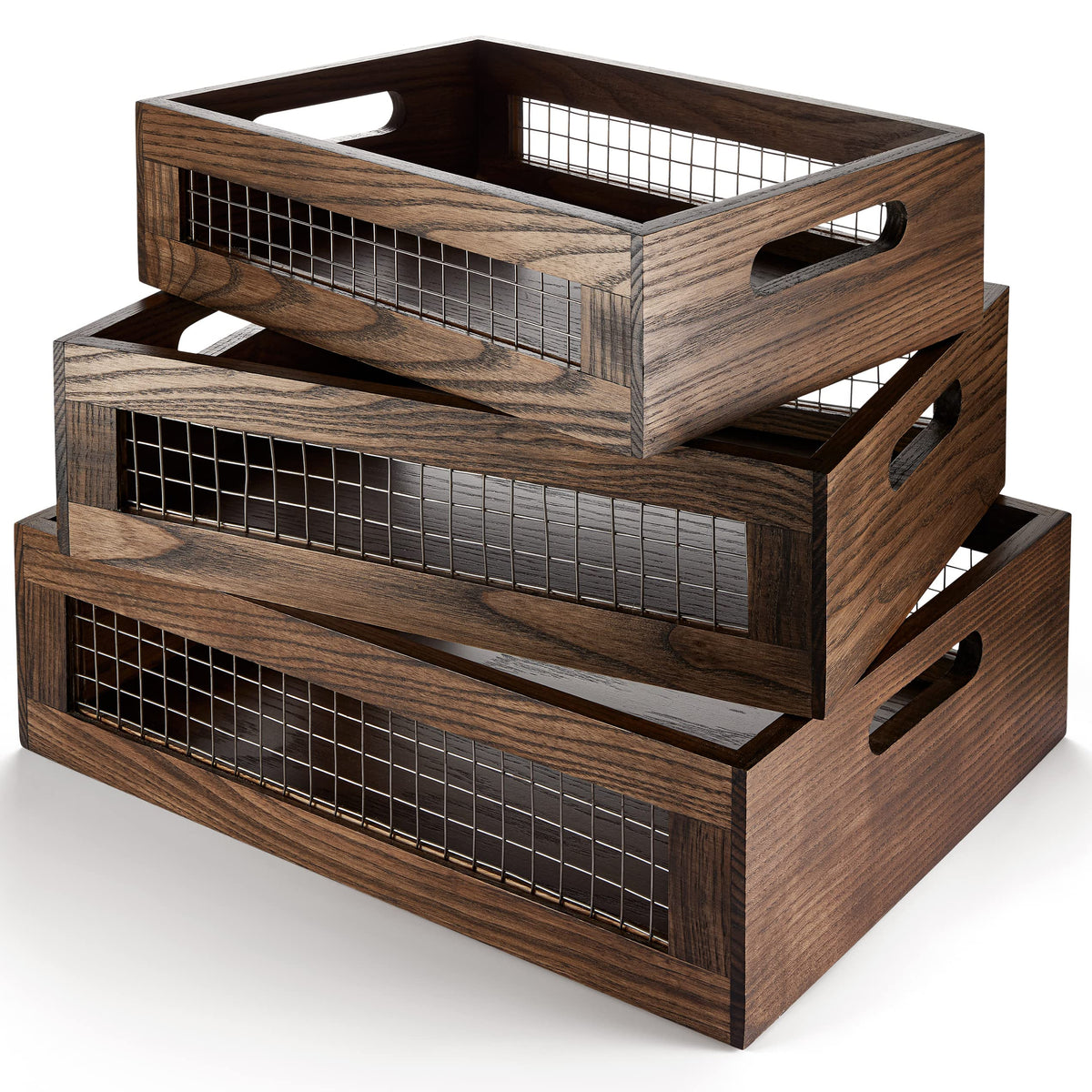 Nagawood Wooden Nesting Countertop Baskets Set Of 3 For Kitchen, Bathroom, Pantry,Wooden Storage Organizer For Fruit, Vegetables