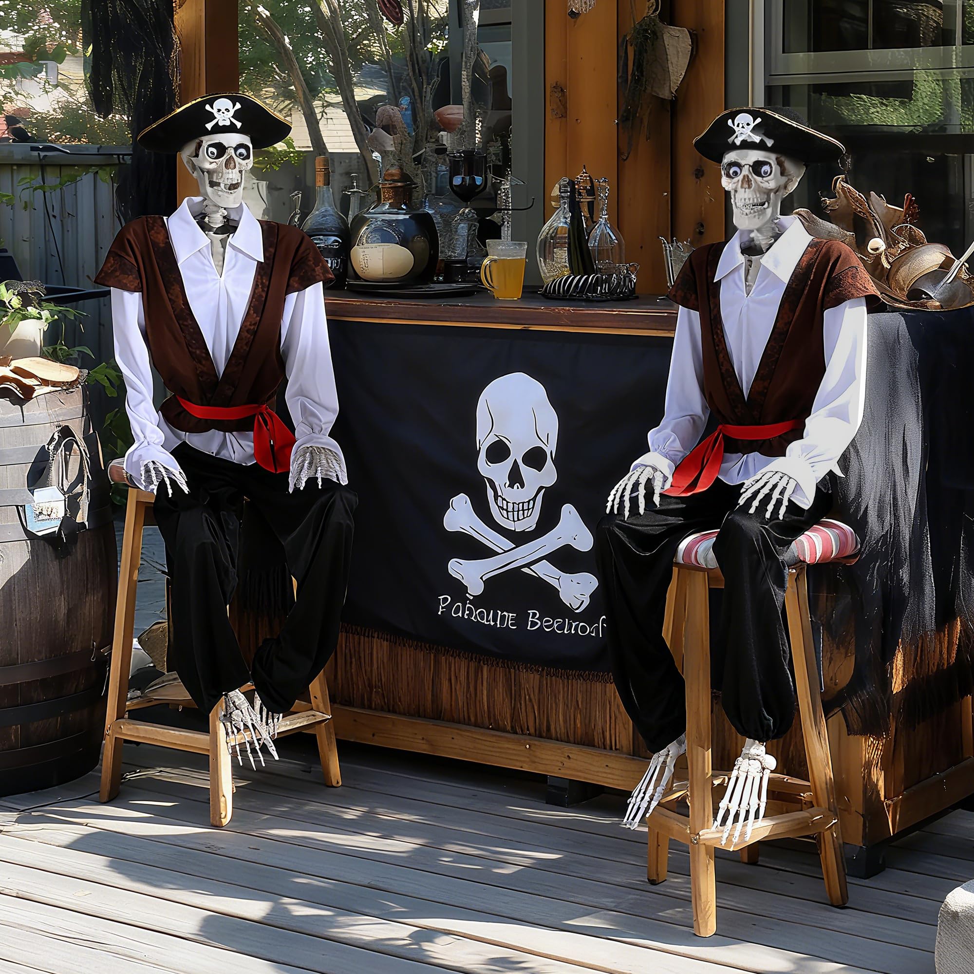 AW Skeleton Pirate Captain Life Size 5.4FT Halloween Decoration Movable Joints Human Bone with Detailed Costume Outdoor Yard Ind