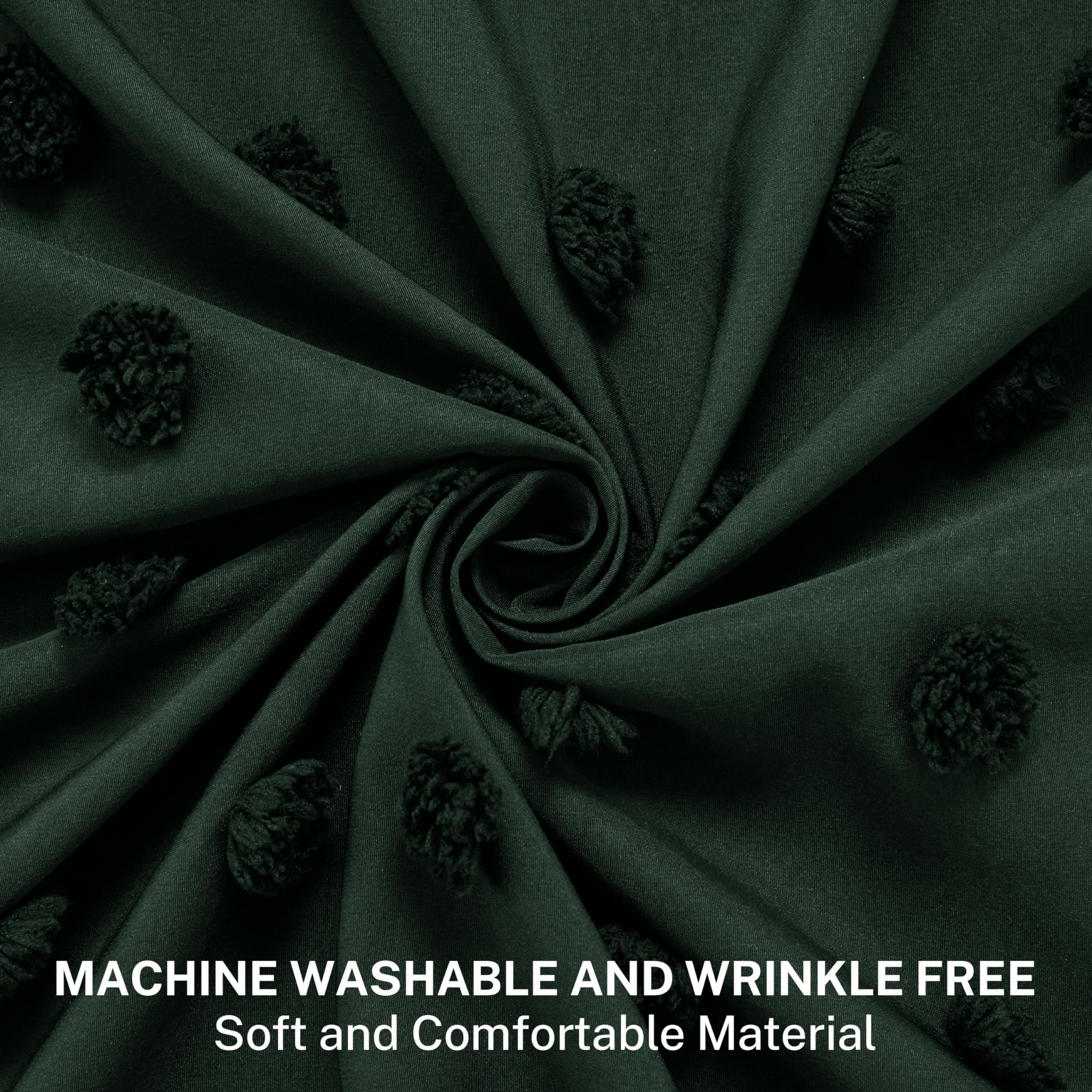 Extra Long Boho Farmhouse Shower Curtain Woven Fabric Dark Green Shower Curtain, 72 X 78 Tufted Pleat Floral Puffs Textured Mode