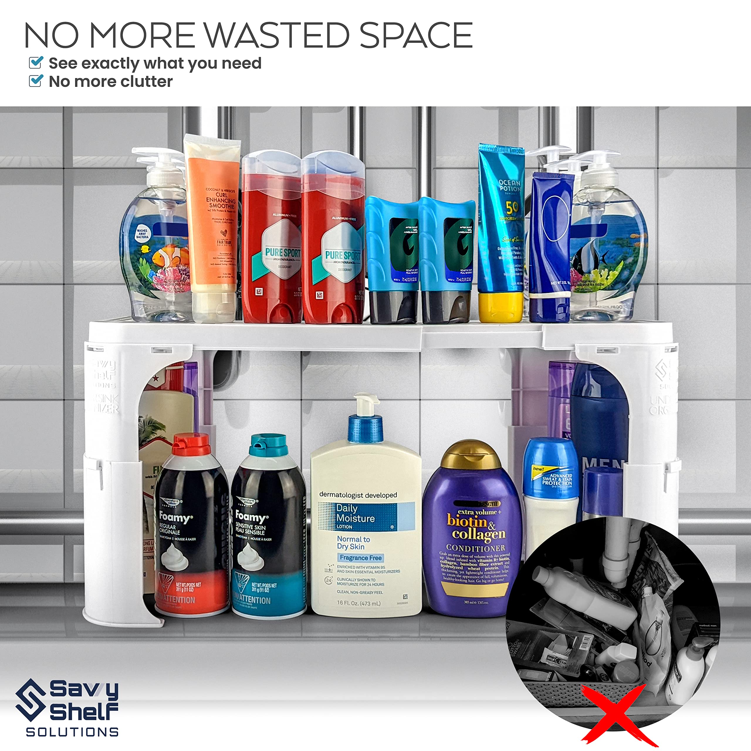 Spicy Shelf Expandable Under Sink Organizer - Plastic, White, 15.5"x2.5"x10", Model: SpicyShelf_09.10.20_2, Ideal for Bathroom