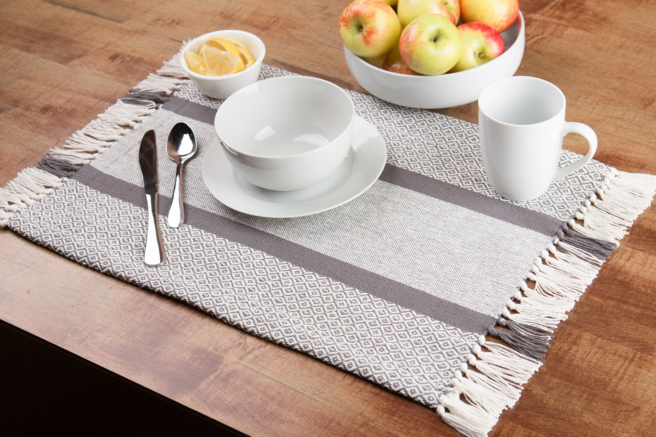 Placemats Set Of 4, Woven Cloth Placemat Set, 14X19 In, Gray Boho Place Mats For Kitchen Or Dining Table, Washable Cotton Table
