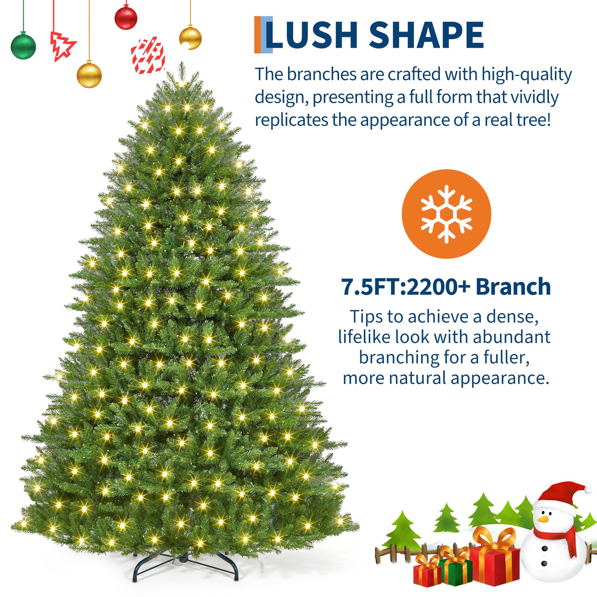 7.5FT Christmas Tree, Artificial Christmas Trees with 200 Lights, Prelit Christmas Tree with 8 Modes Lights, Foldable Stand, On/