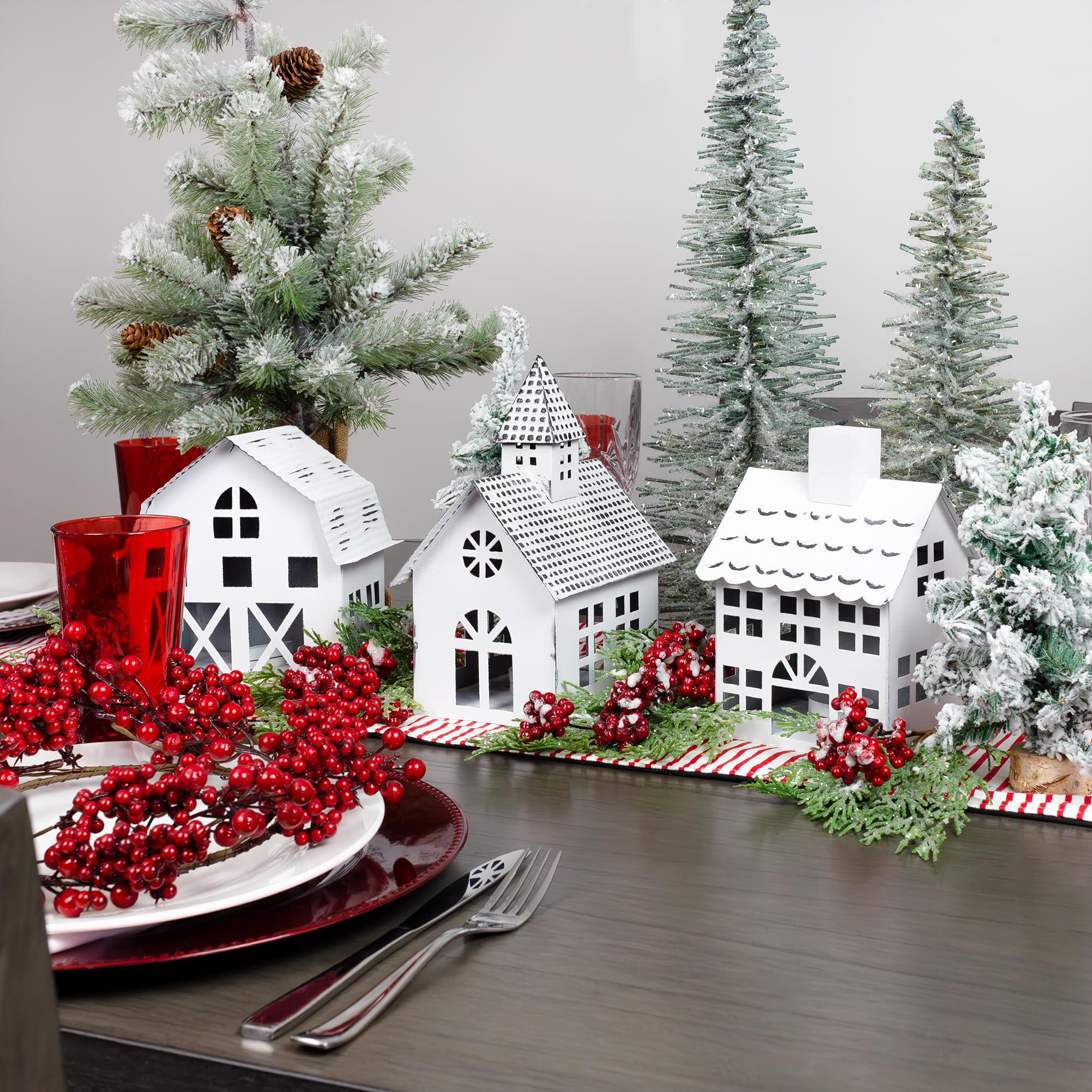 AuldHome Design Farmhouse Christmas Village Collection #2 w/Church, Barn and School (Set of 3, White); Candle Lantern Decorative