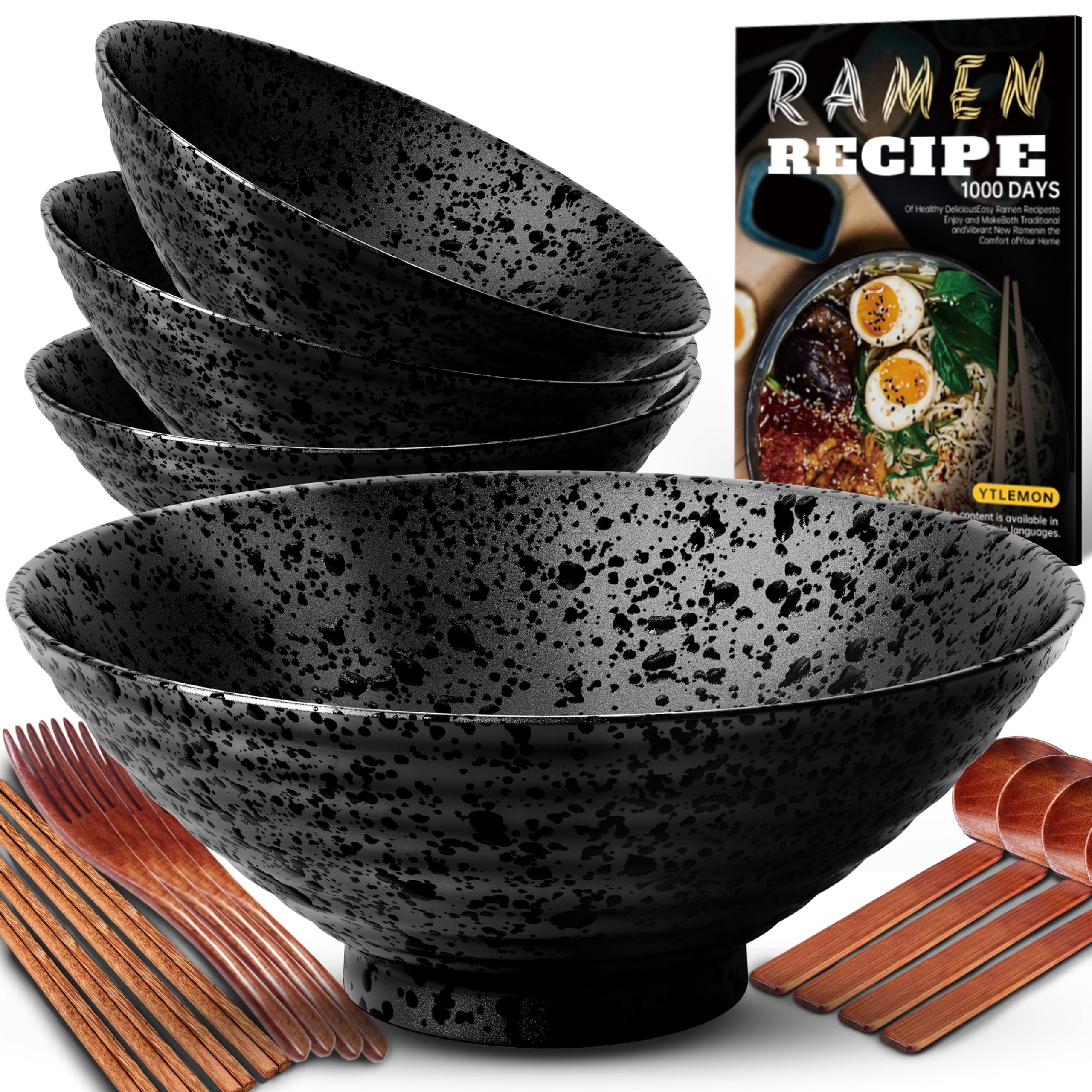 8-Inch Ceramic Ramen Bowl Set of 4 (17 Piece) - Porcelain Japanese Salad Noodles Cereal Fruit Pasta Soup Large Bowls with Recipe