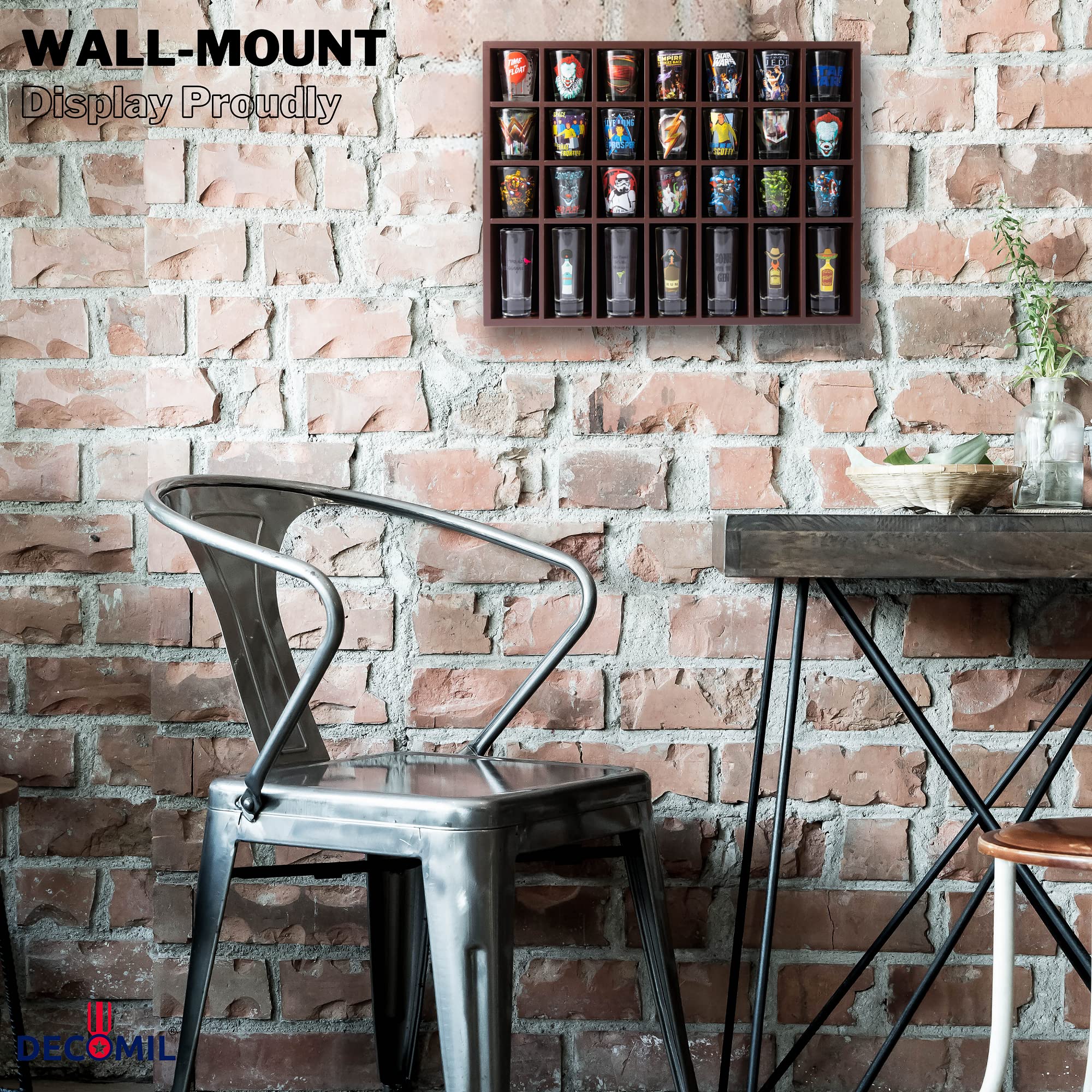 Decomil Shot Glass Display Case For Wall & Free Standing, Shot Glass Holder For Tall Shot Glasses/Shooter Display, For 28 Glass,