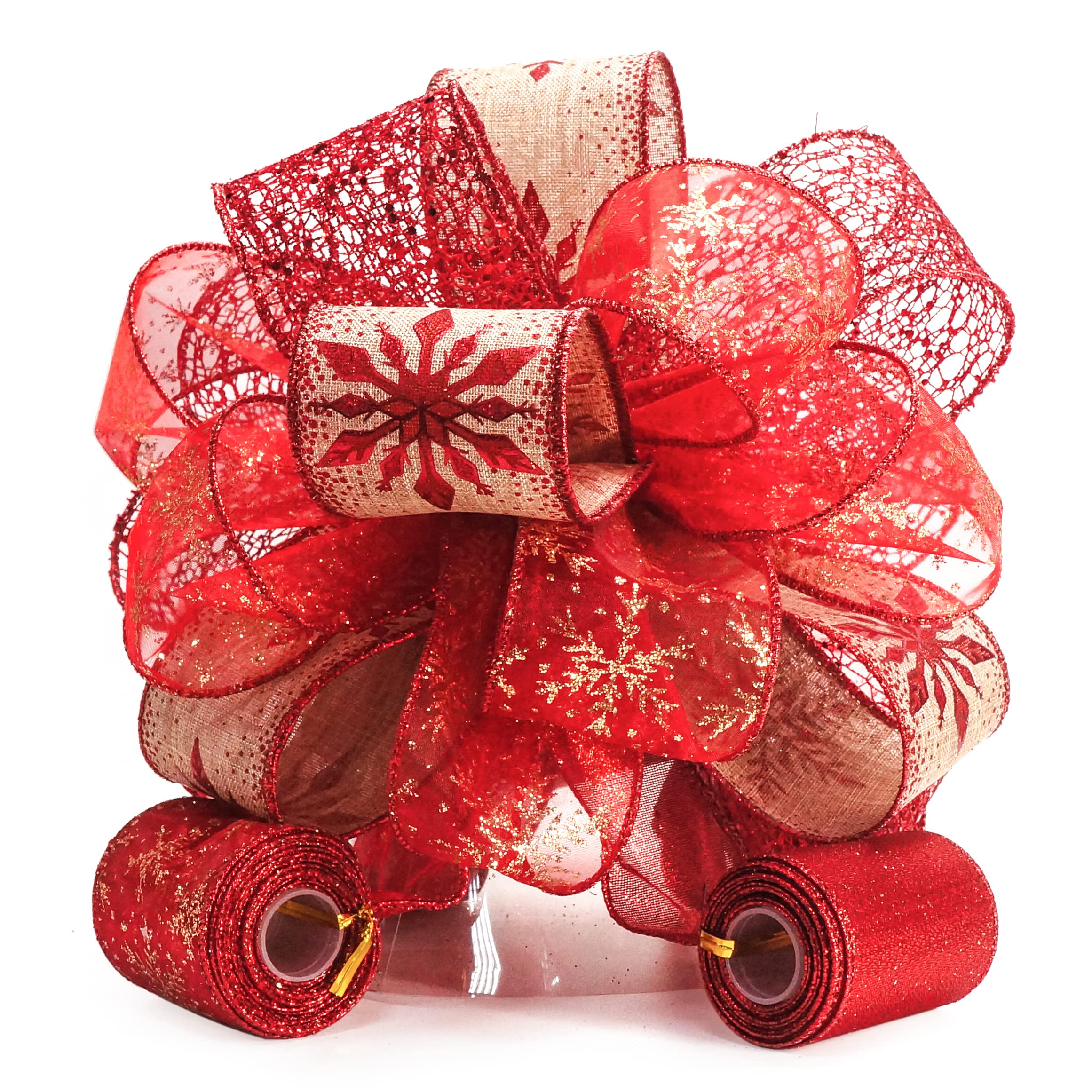 CT CRAFT LLC Red Snowflake Christmas Tree Topper Bow 11 with 4 Ribbon Streamers x 3 Yards Long Each for Holidy Elegant Fancy Hom