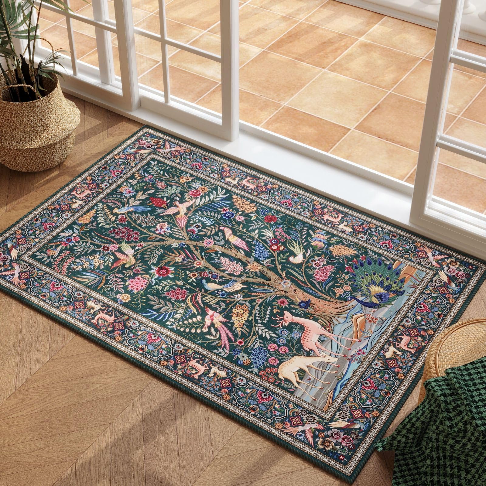 Rugcomf Indoor Door Mat 2x3 Rug Vibrant Tree of Life-Patterned Vintage Machine Washable Small Area Rug Non-Slip Low Pile Throw R