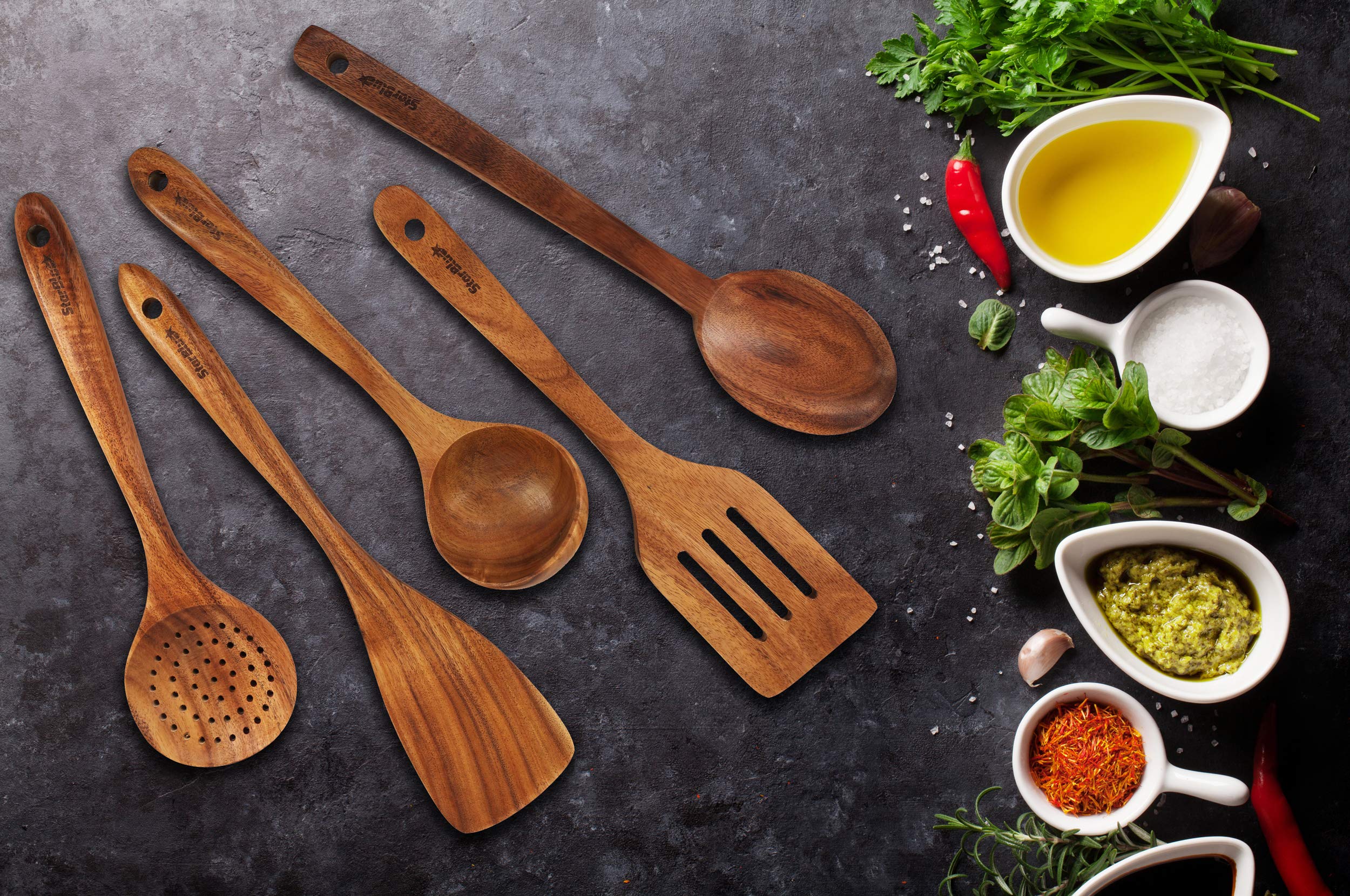 Acacia Wooden Utensils Set 6 Pcs By Starblue - Non-Scratching, Durable And Natural Spatulas For Nonstick Cookware With Holder