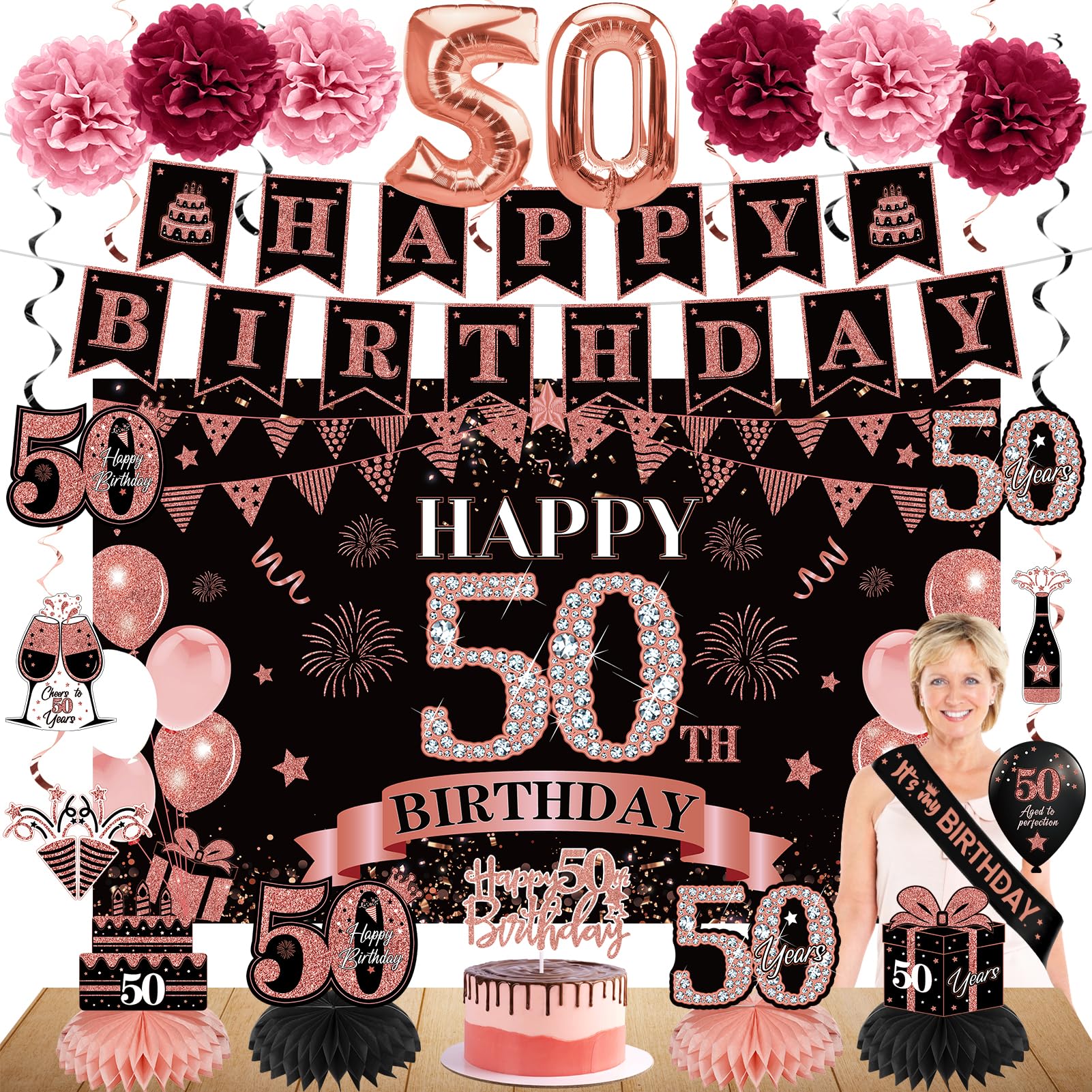 42Pcs 50Th Birthday Decoration Kit For Women, Rose Gold Happy 50Th Bday Banner Balloons Honeycomb Centerpiece Swirl Paper Pompom