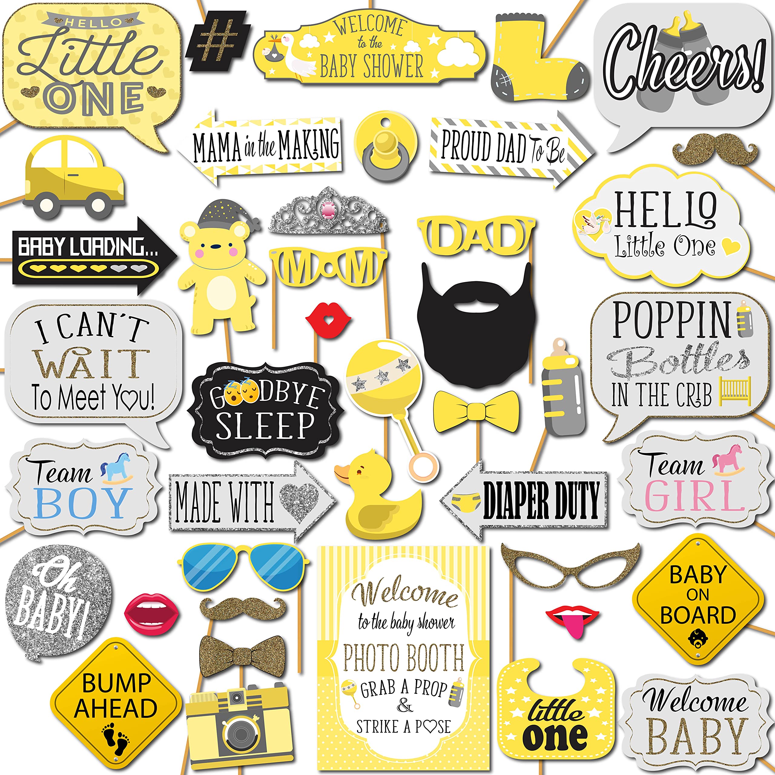 Baby Shower Photo Booth Props - 41-Pc Photo Booth Kit With 8 X 10-Inch Sign, 60 Adhesive Pads, 45 Sticks - Baby Shower Decoratio