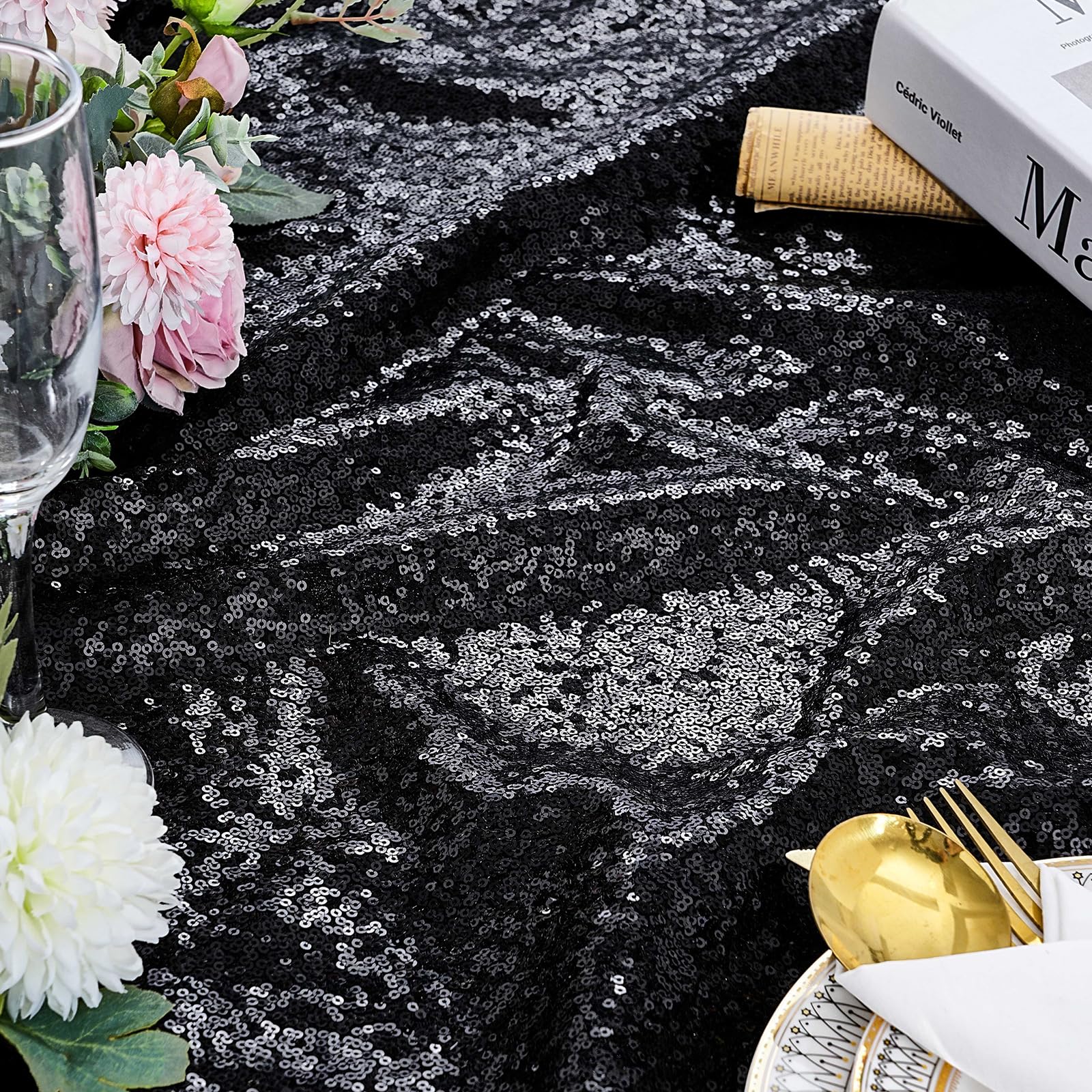 Queendream Black Party Decorations Sequin Tablecloth: Glitter Overlay 90X90 Inch Table Drapes For Banquet Wedding Theme Party Pl